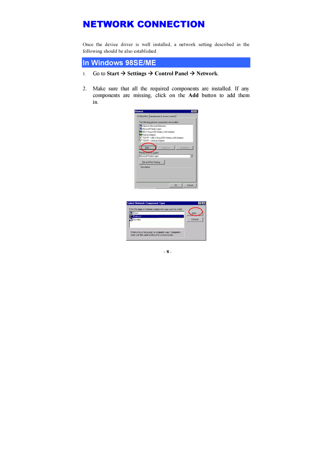 Abocom WUG2660 user manual Network Connection, Windows 98SE/ME 