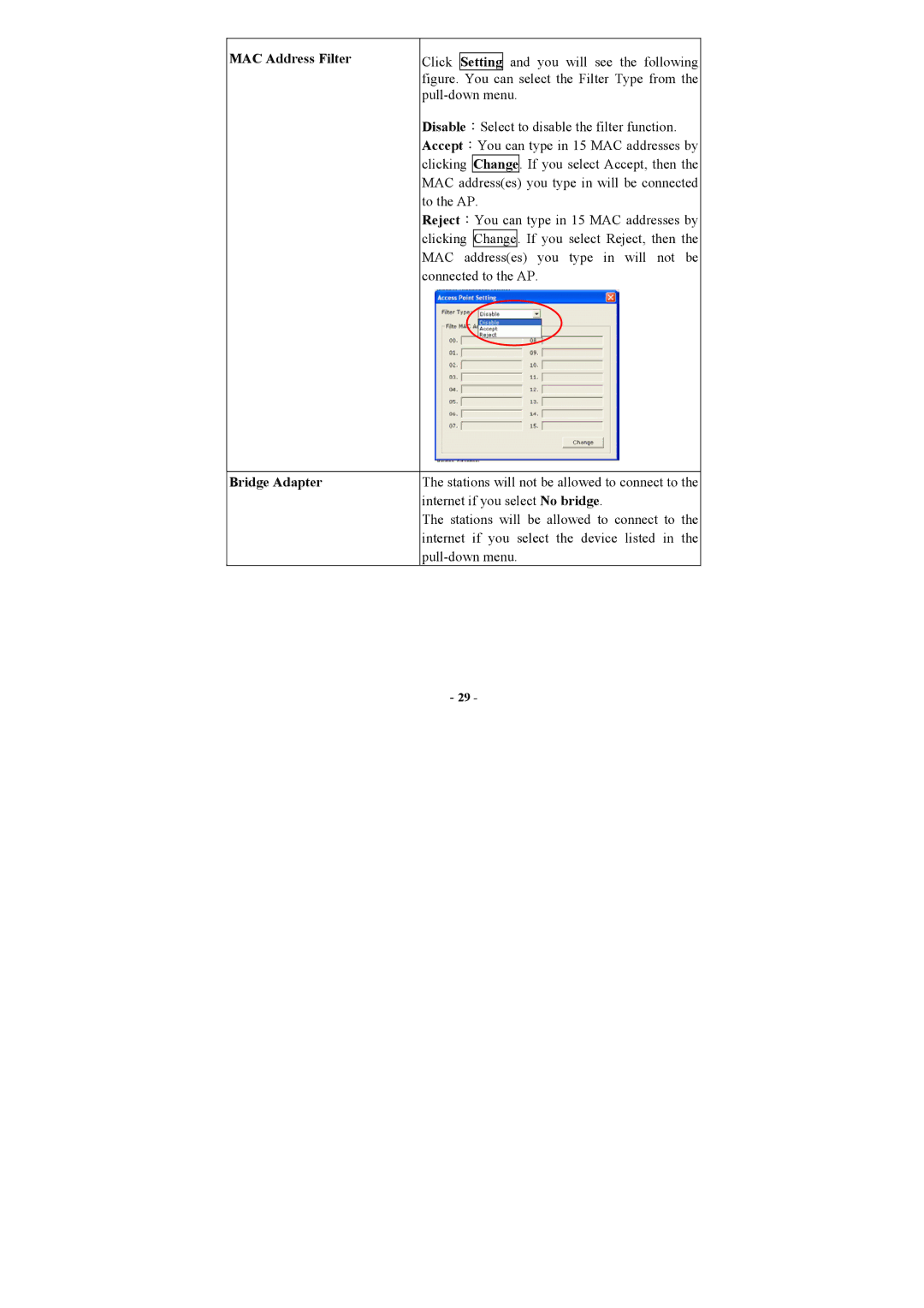 Abocom WUG2660 user manual MAC Address Filter, Bridge Adapter 