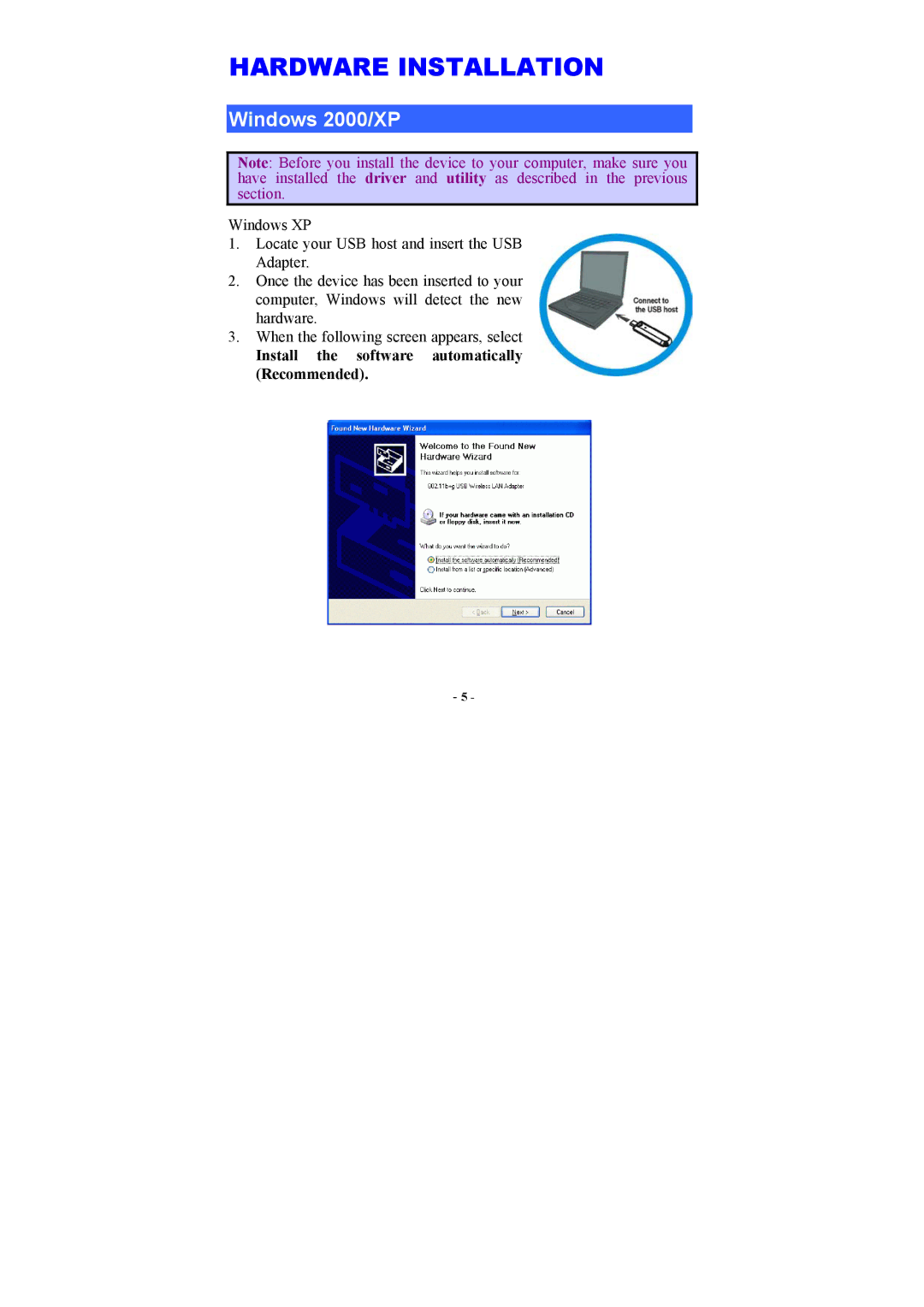 Abocom WUG2660 user manual Hardware Installation, Windows 2000/XP 