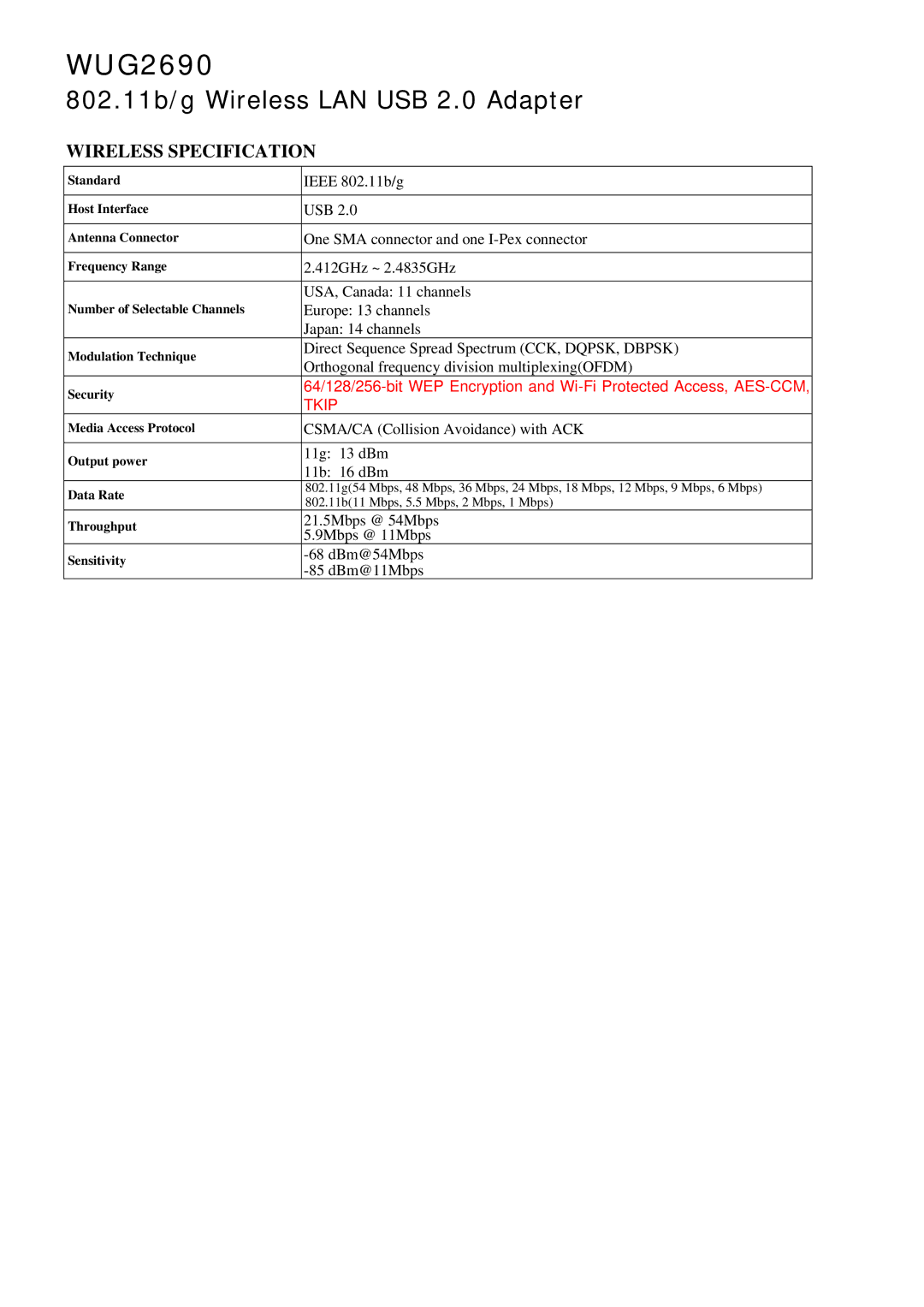 Abocom WUG2690 manual Wireless Specification, Tkip 