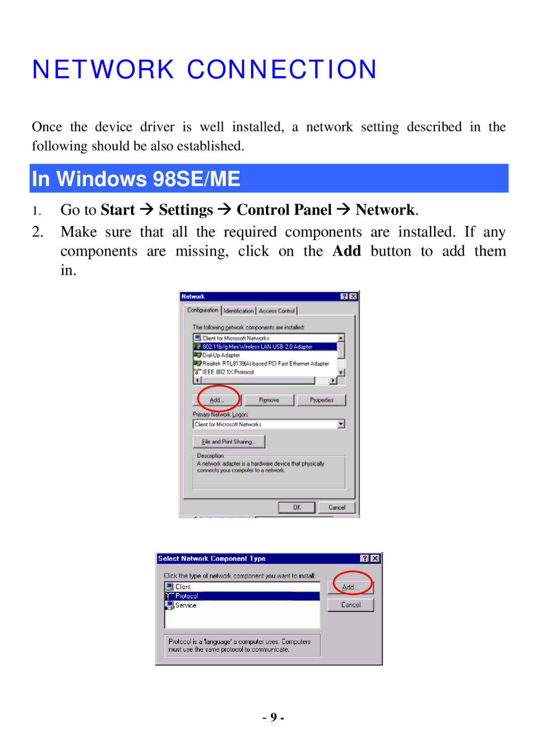 Abocom WUG2700 user manual Network Connection, Windows 98SE/ME 