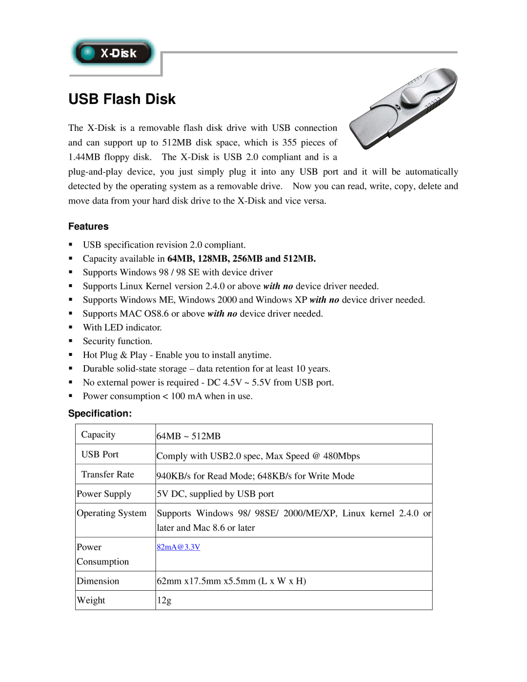 Abocom X-Disk manual USB Flash Disk, Features, Capacity available in 64MB, 128MB, 256MB and 512MB, Specification 