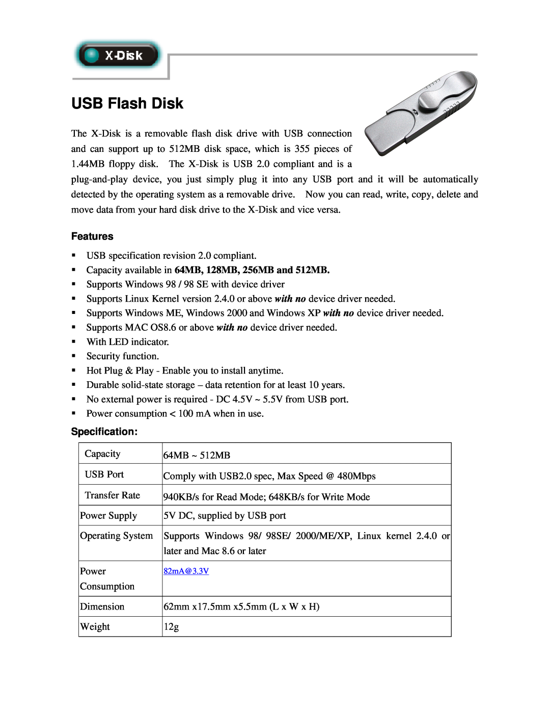 Abocom X-Disk manual USB Flash Disk, Features, Capacity available in 64MB, 128MB, 256MB and 512MB, Specification 