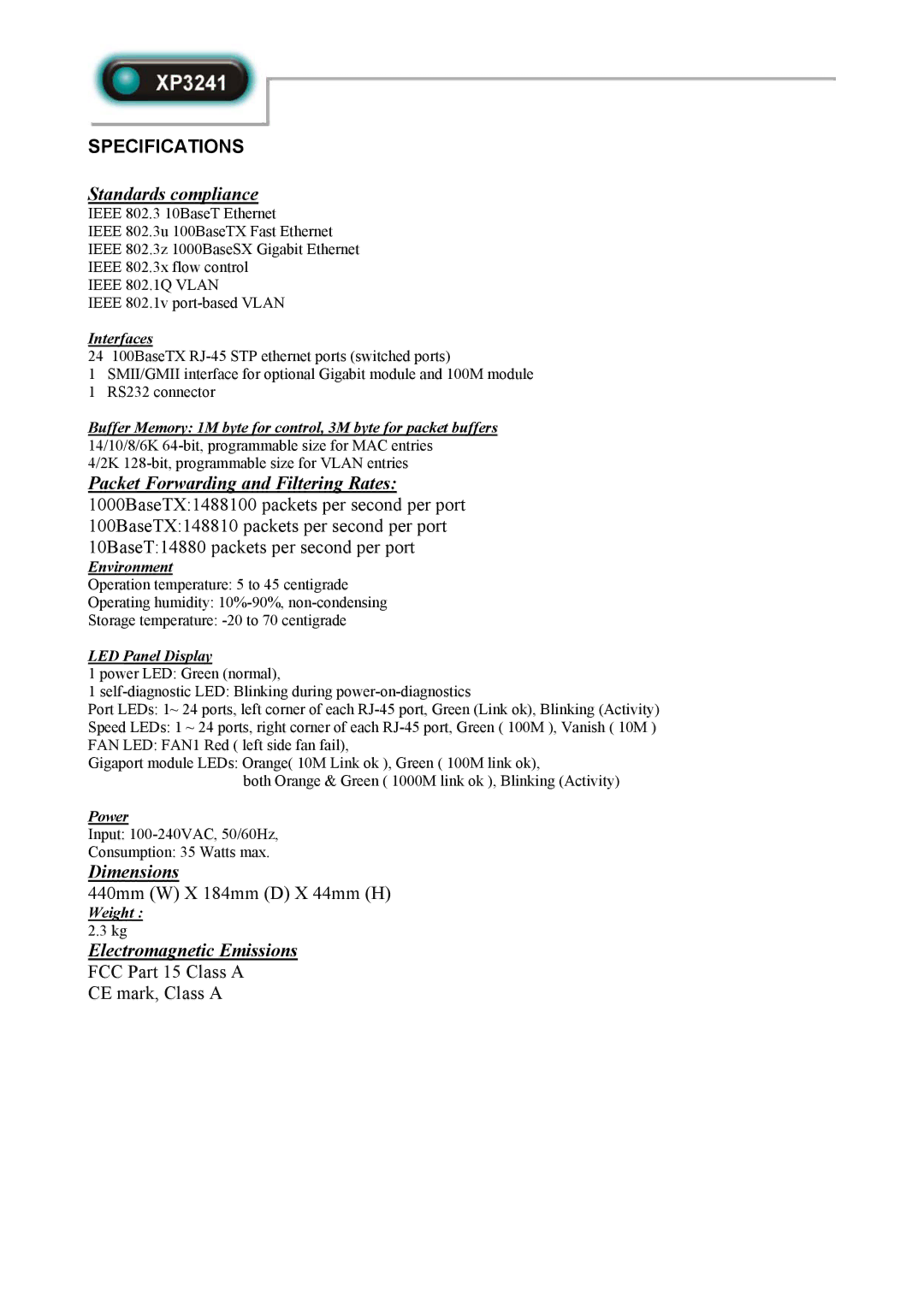 Abocom XP3241 manual Specifications, Standards compliance, Dimensions, Electromagnetic Emissions 