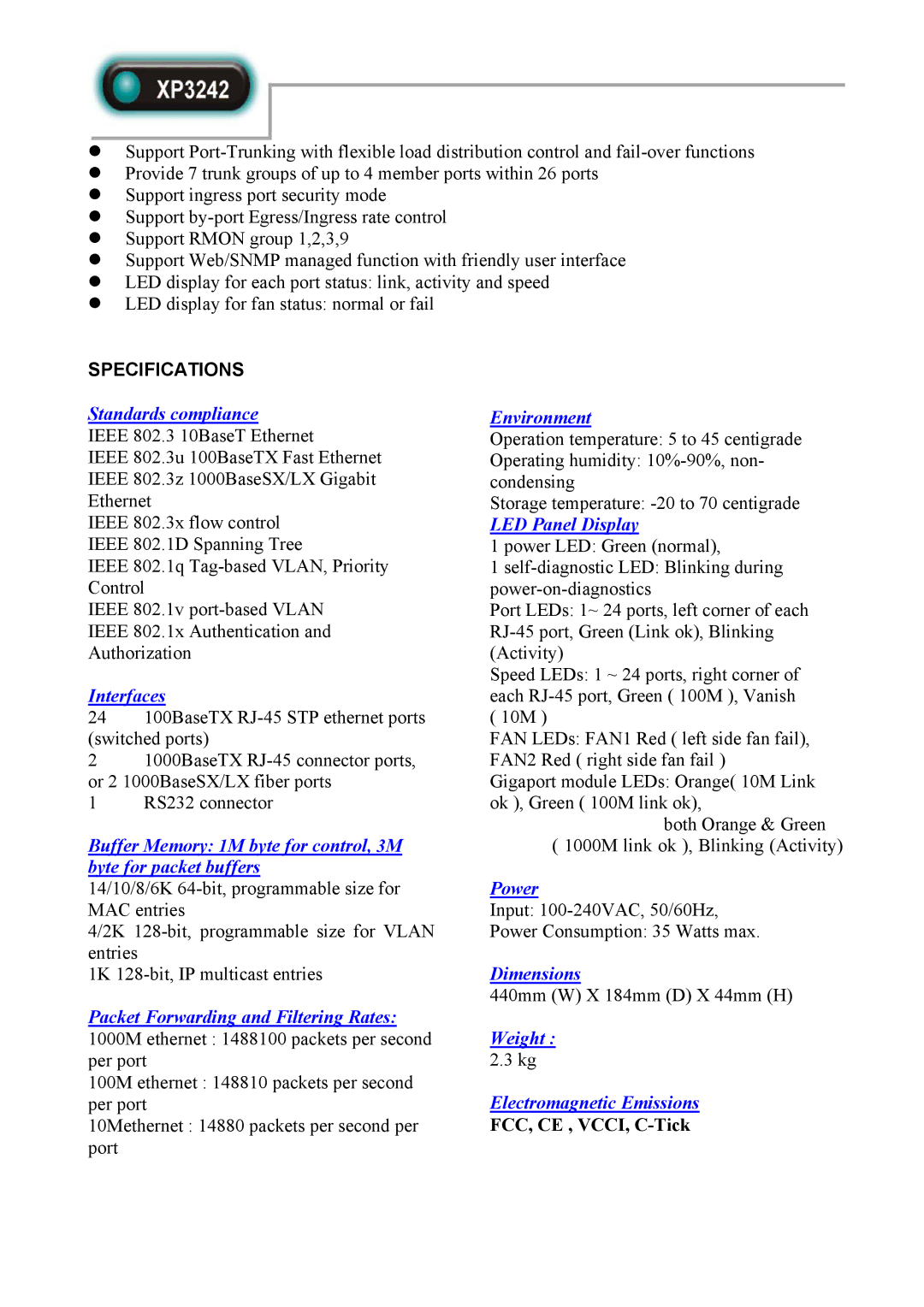 Abocom XP3242 manual Specifications 