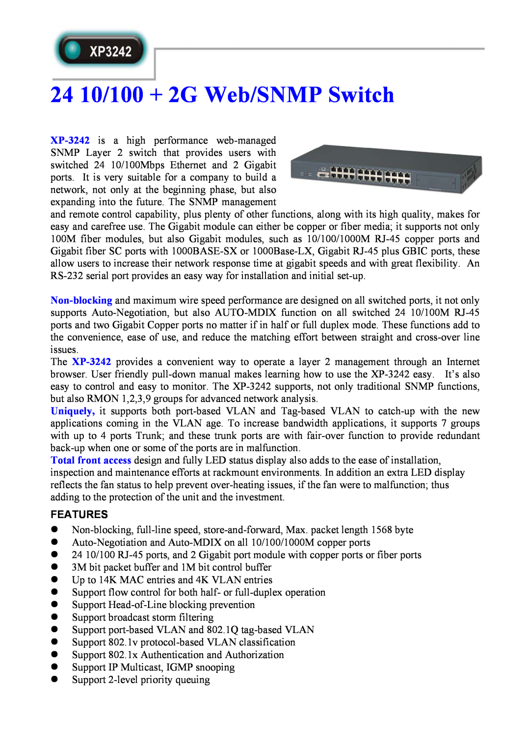 Abocom XP3242 manual Features, 24 10/100 + 2G Web/SNMP Switch 