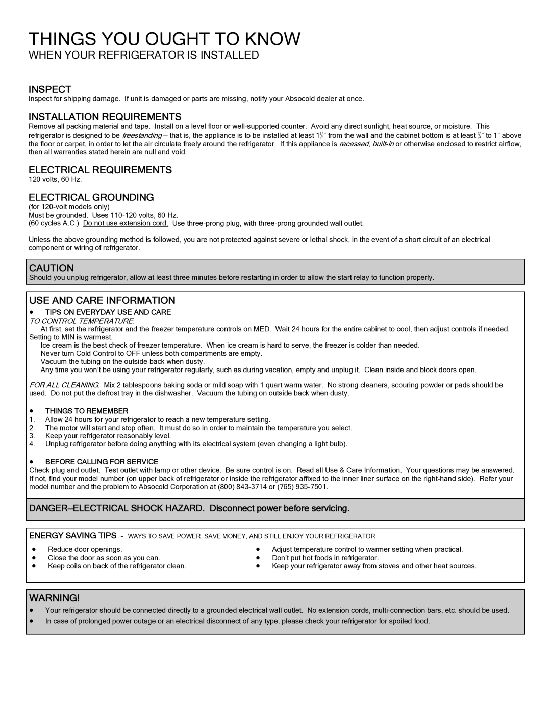 Absocold Corp ARD1031F warranty Inspect, Installation Requirements, Electrical Requirements, Electrical Grounding 