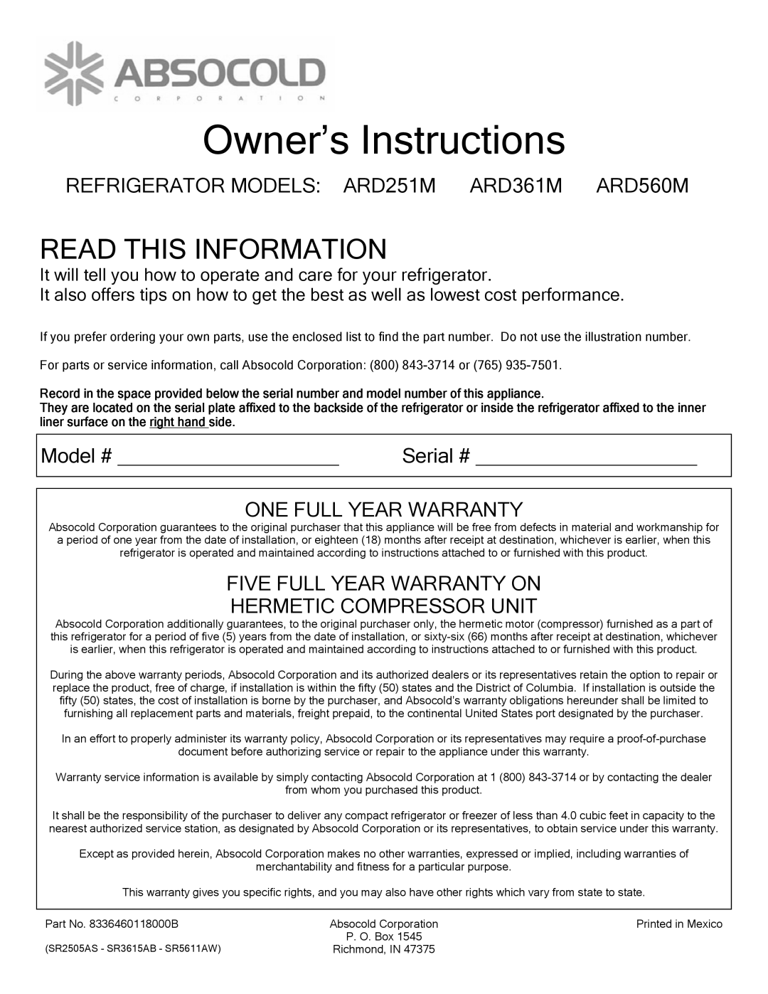 Absocold Corp warranty Read this Information, Refrigerator Models ARD251M ARD361M ARD560M, ONE Full Year Warranty 