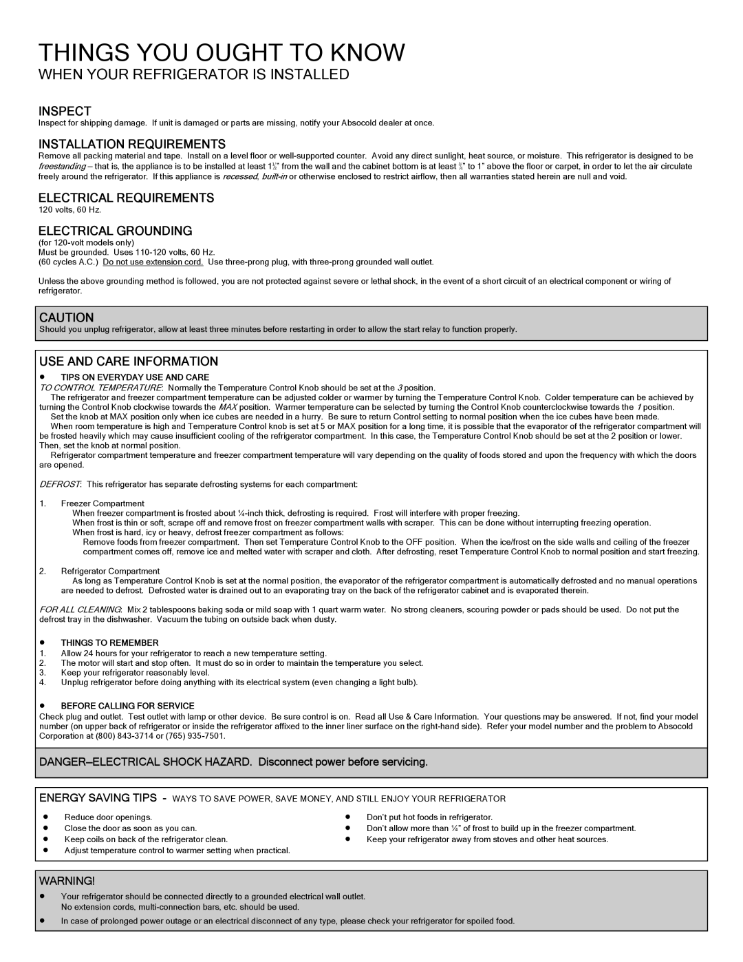 Absocold Corp ARD298 warranty Inspect, Installation Requirements, Electrical Requirements, Electrical Grounding 