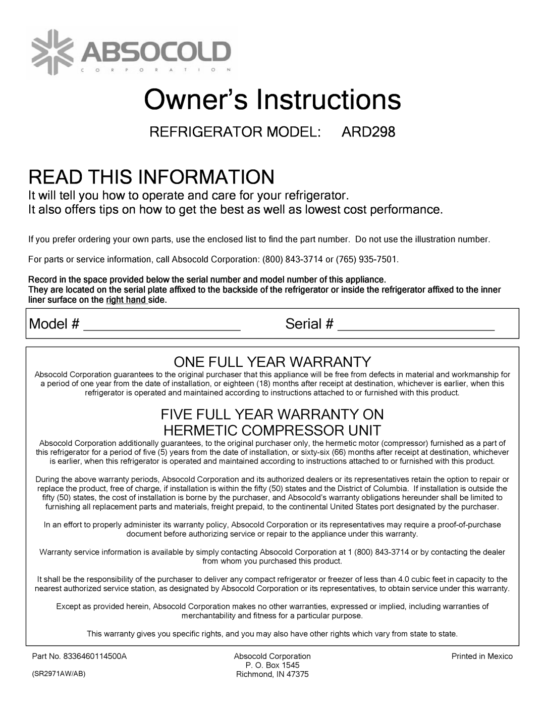 Absocold Corp warranty Owner’s Instructions, Read This Information, REFRIGERATOR MODEL ARD298, Model #, Serial # 