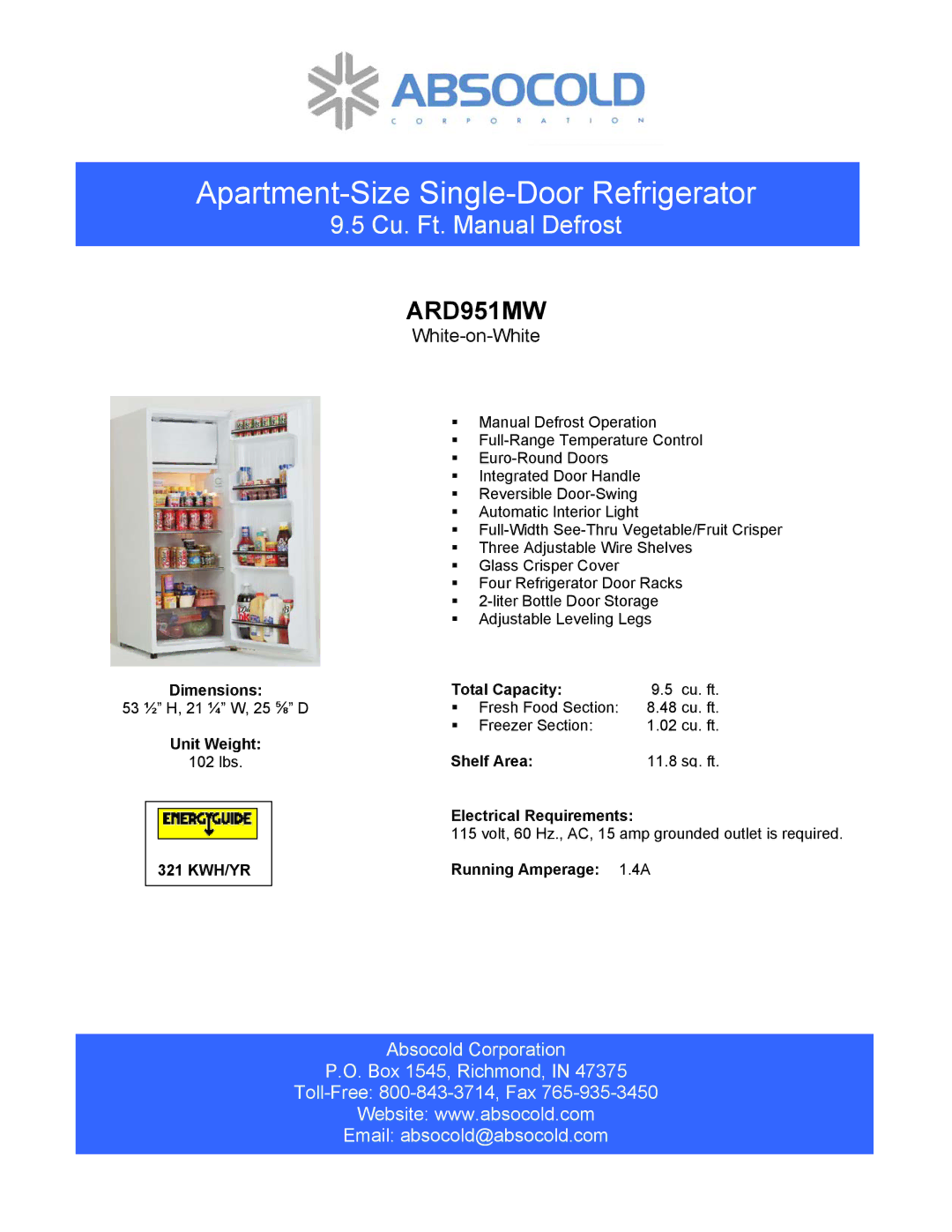 Absocold Corp ARD951MW dimensions Apartment-Size Single-Door Refrigerator, White-on-White 