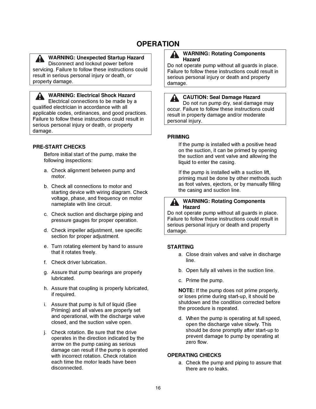 AC International 8200 Series instruction manual Operation, PRE-START Checks, Priming, Starting, Operating Checks 