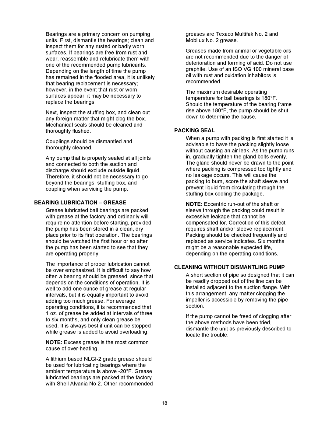 AC International 8200 Series instruction manual Bearing Lubrication Grease, Packing Seal, Cleaning Without Dismantling Pump 