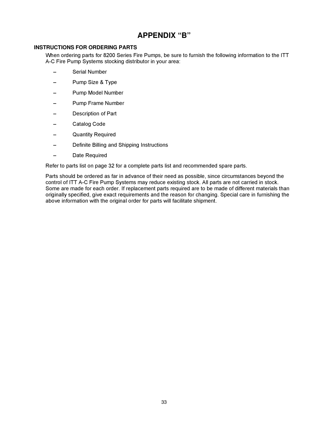 AC International 8200 Series instruction manual Instructions for Ordering Parts 