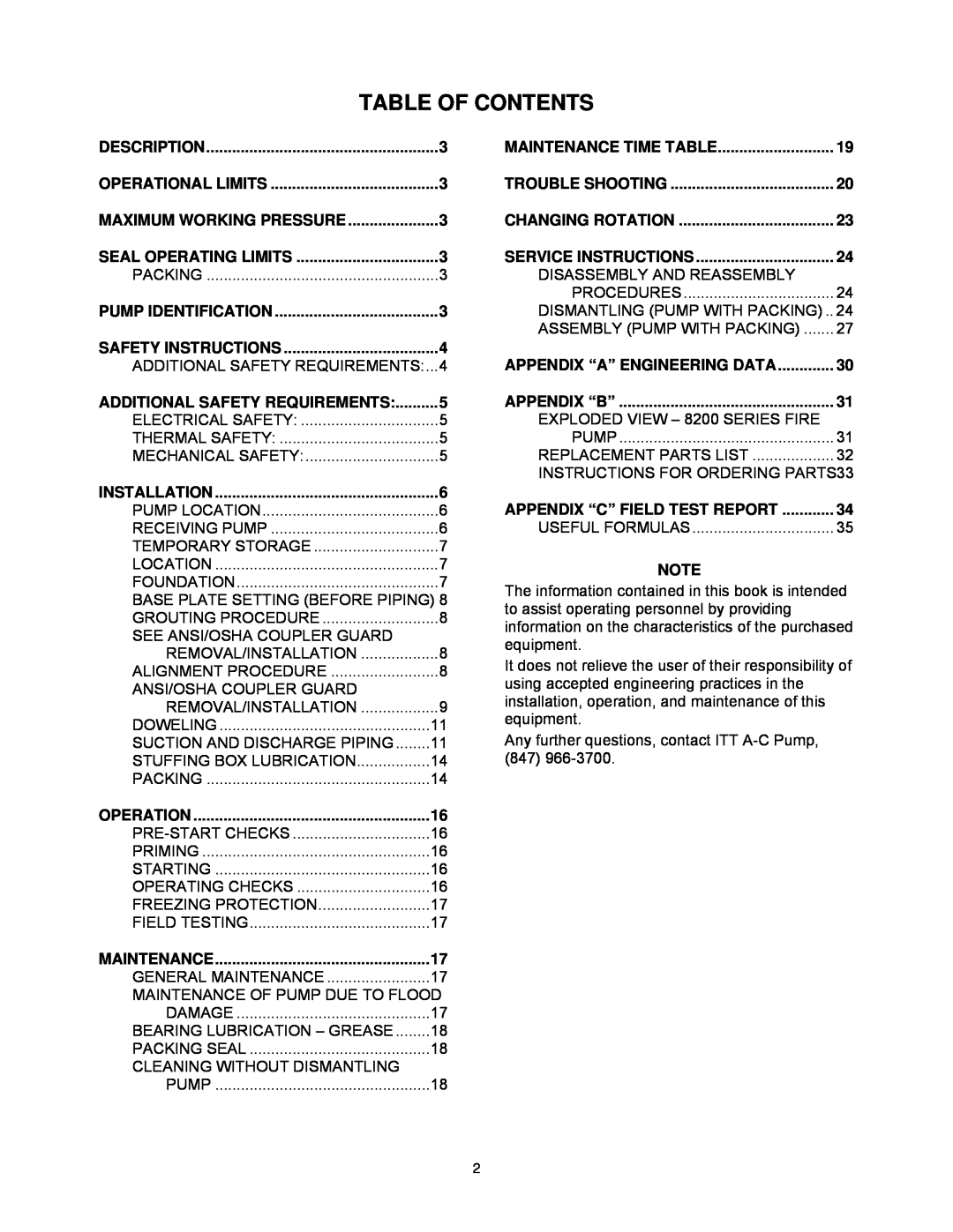 AC International 8200 Series instruction manual Table Of Contents, Additional Safety Requirements, Maintenance Time Table 