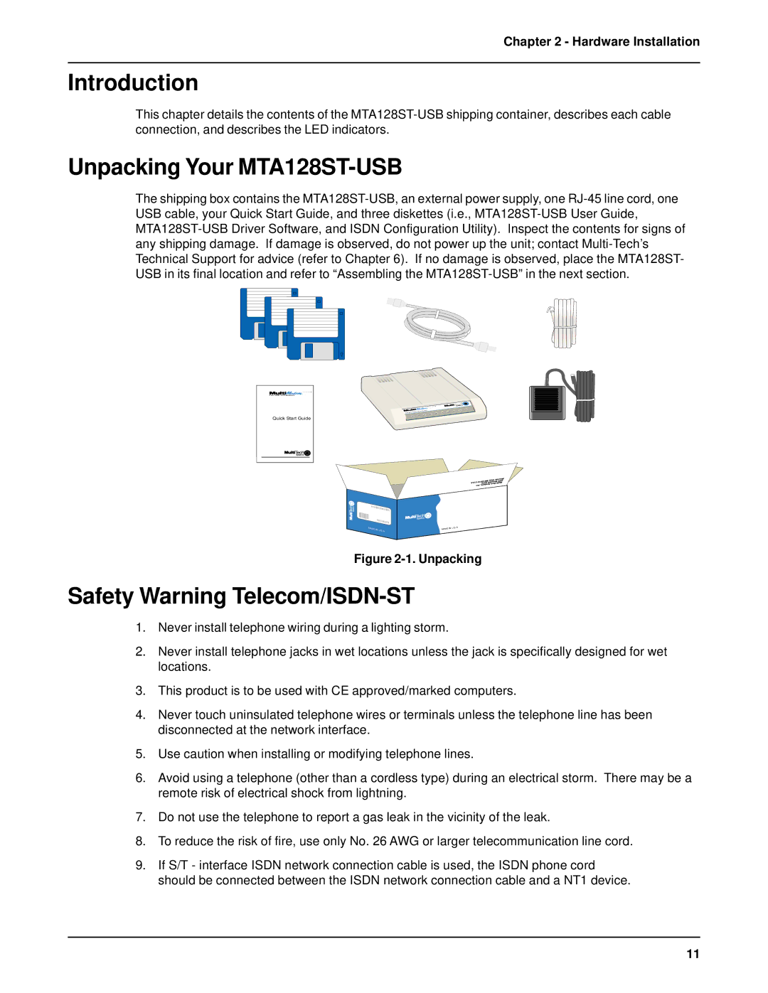 AC International manual Unpacking Your MTA128ST-USB, Safety Warning Telecom/ISDN-ST, Hardware Installation 