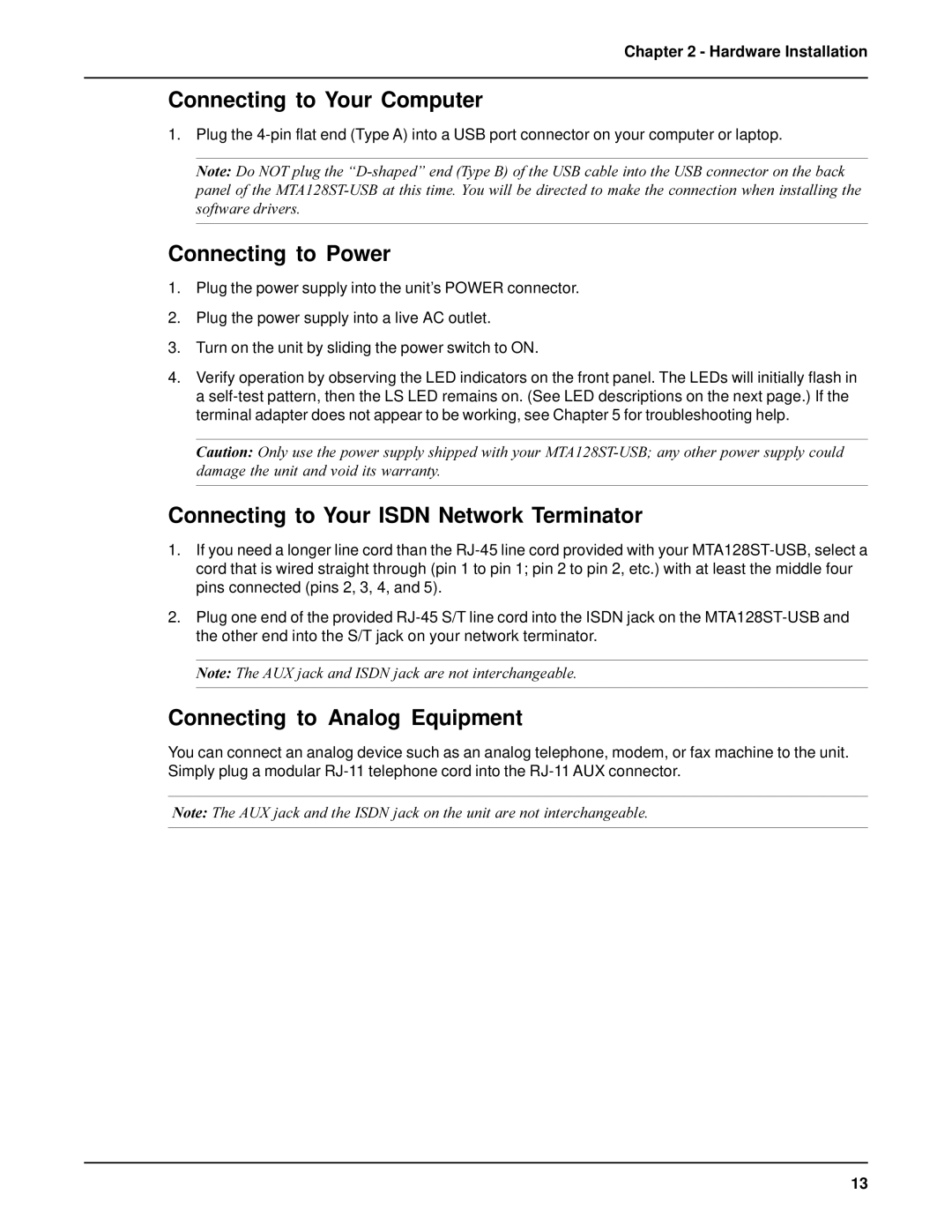 AC International MTA128ST-USB Connecting to Your Computer, Connecting to Power, Connecting to Your Isdn Network Terminator 