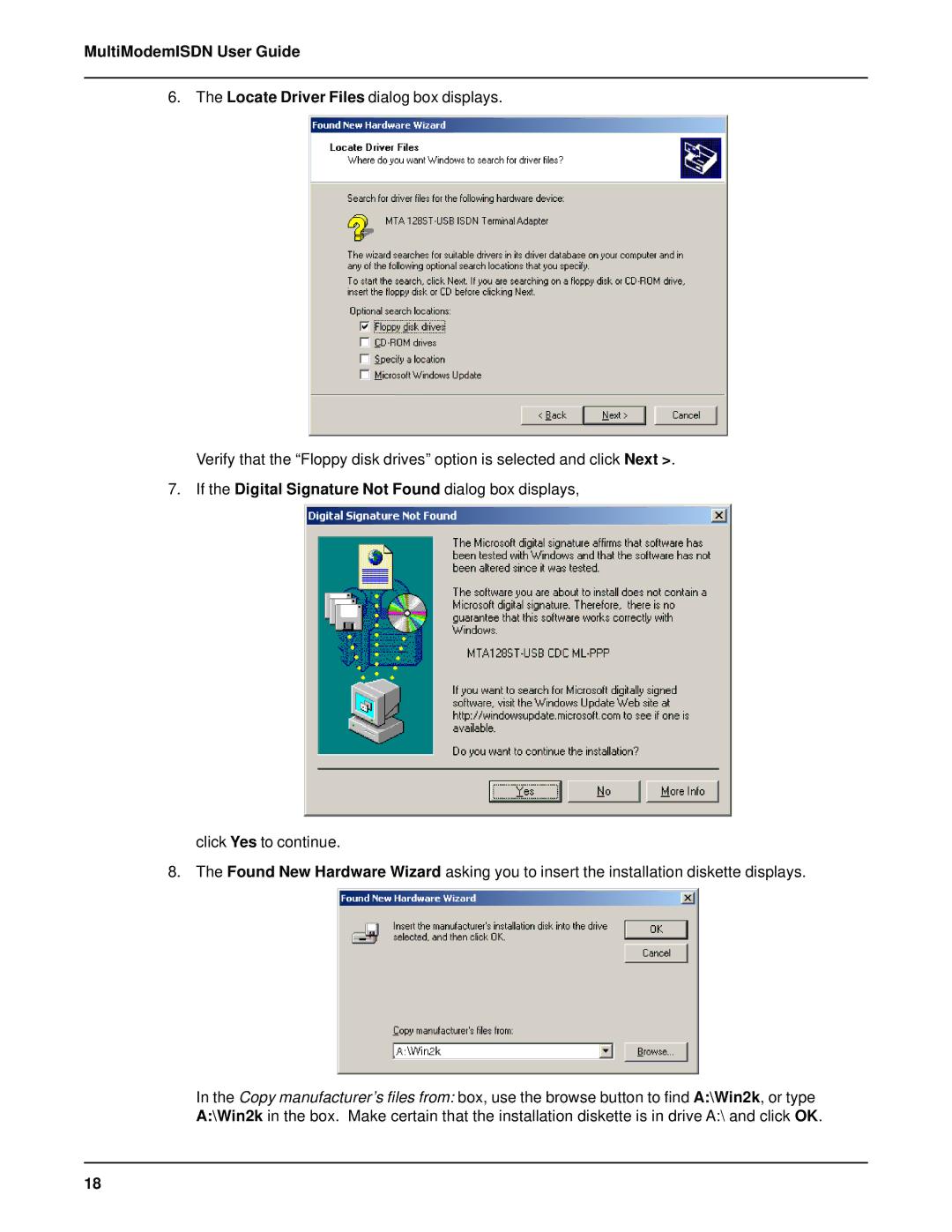 AC International MTA128ST-USB manual MultiModemISDN User Guide, If the Digital Signature Not Found dialog box displays 