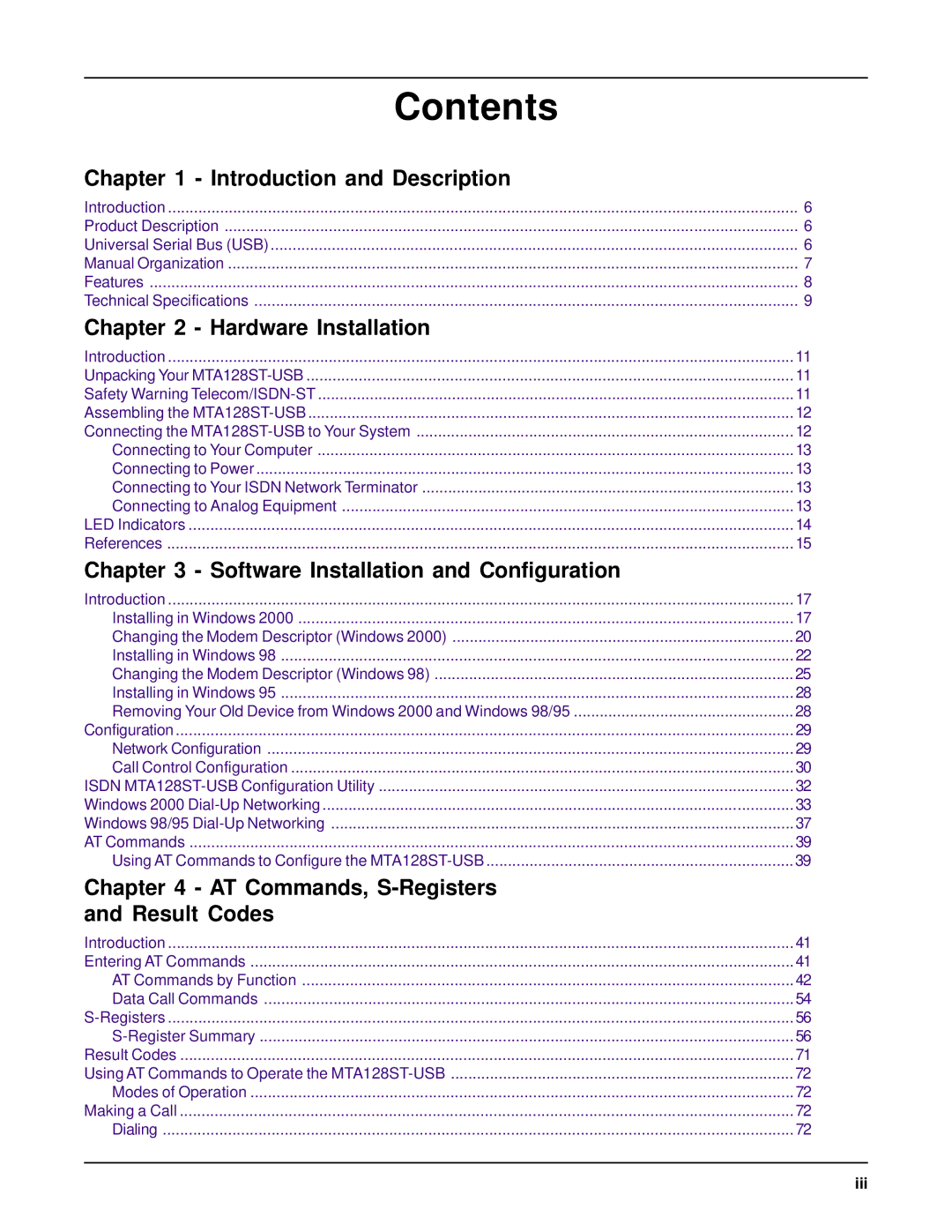 AC International MTA128ST-USB manual Contents 