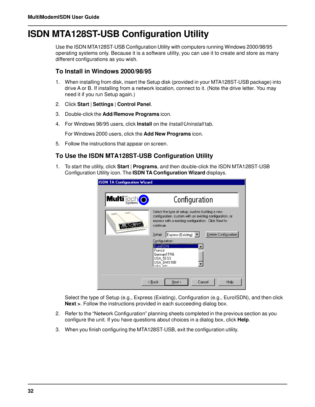 AC International manual Isdn MTA128ST-USB Configuration Utility, To Install in Windows 2000/98/95 