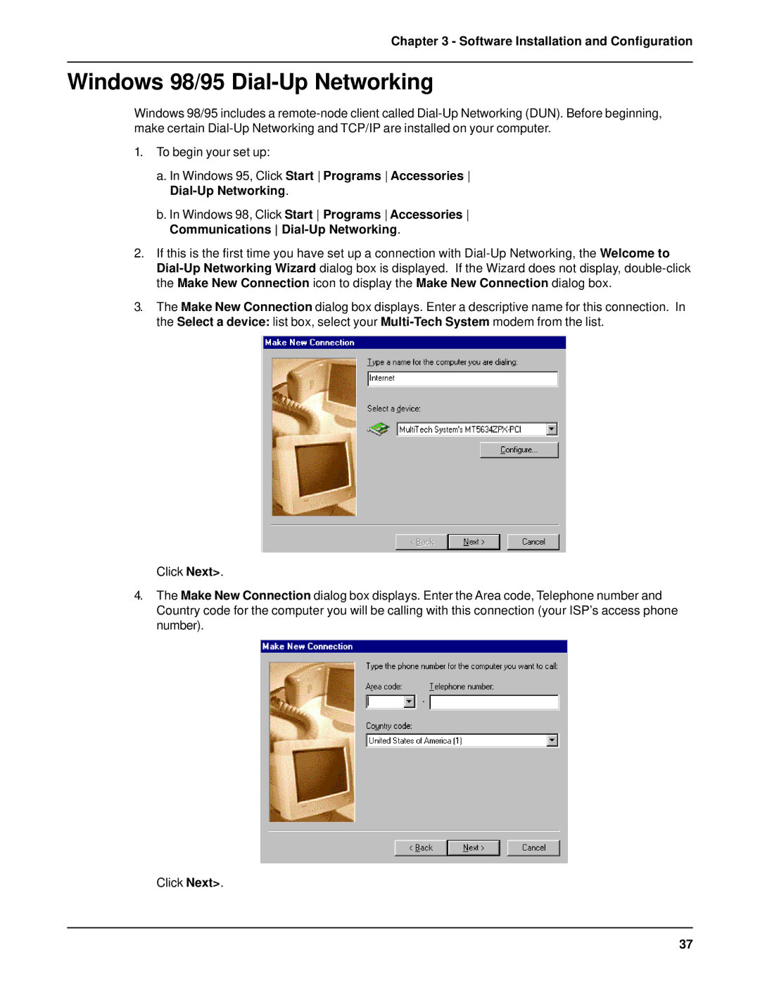 AC International MTA128ST-USB manual Windows 98/95 Dial-Up Networking, Software Installation and Configuration 