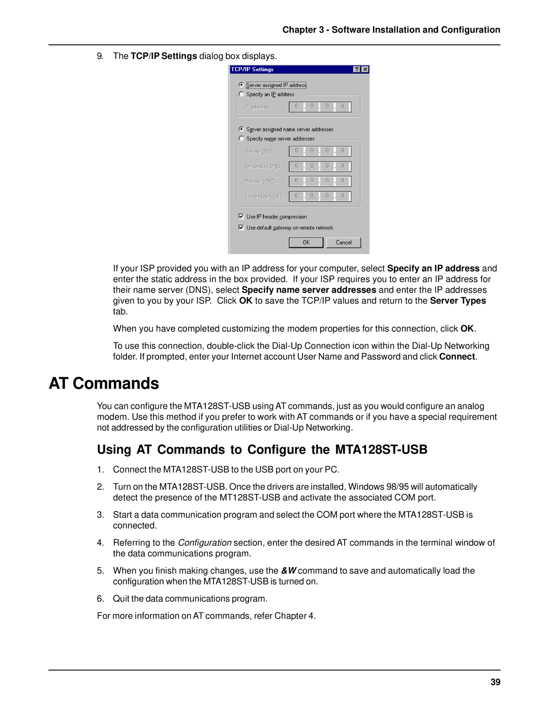 AC International manual Using AT Commands to Configure the MTA128ST-USB 