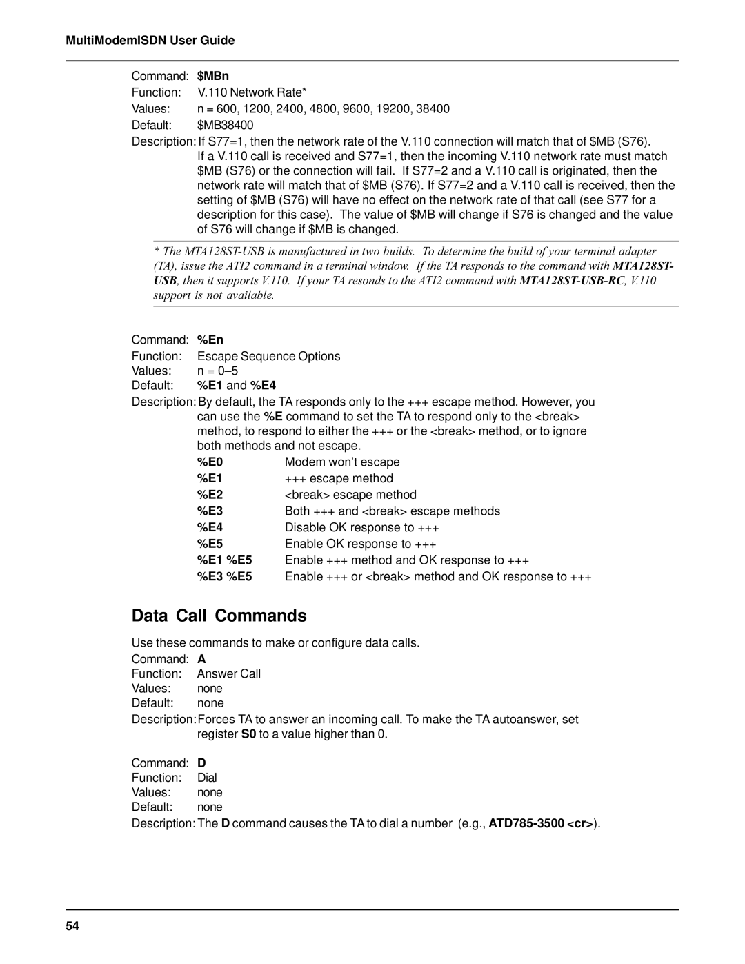 AC International MTA128ST-USB manual Data Call Commands 