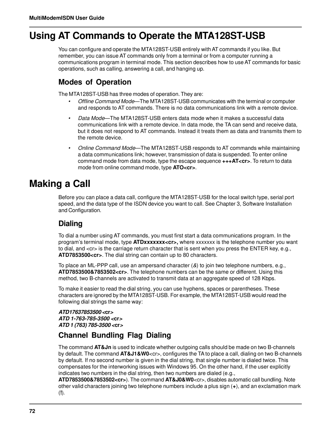 AC International manual Using AT Commands to Operate the MTA128ST-USB, Making a Call, Modes of Operation, Dialing 