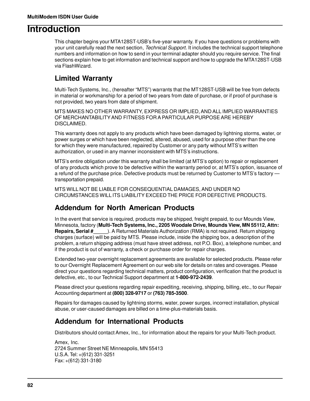 AC International MTA128ST-USB Limited Warranty, Addendum for North American Products, Addendum for International Products 