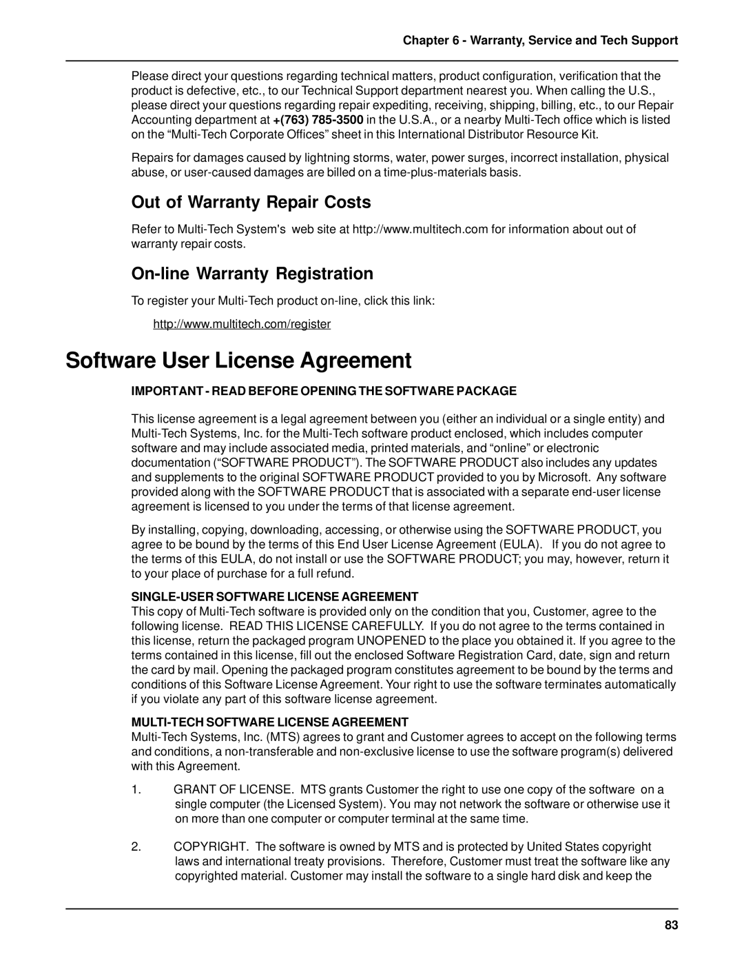 AC International MTA128ST-USB Software User License Agreement, Out of Warranty Repair Costs On-line Warranty Registration 