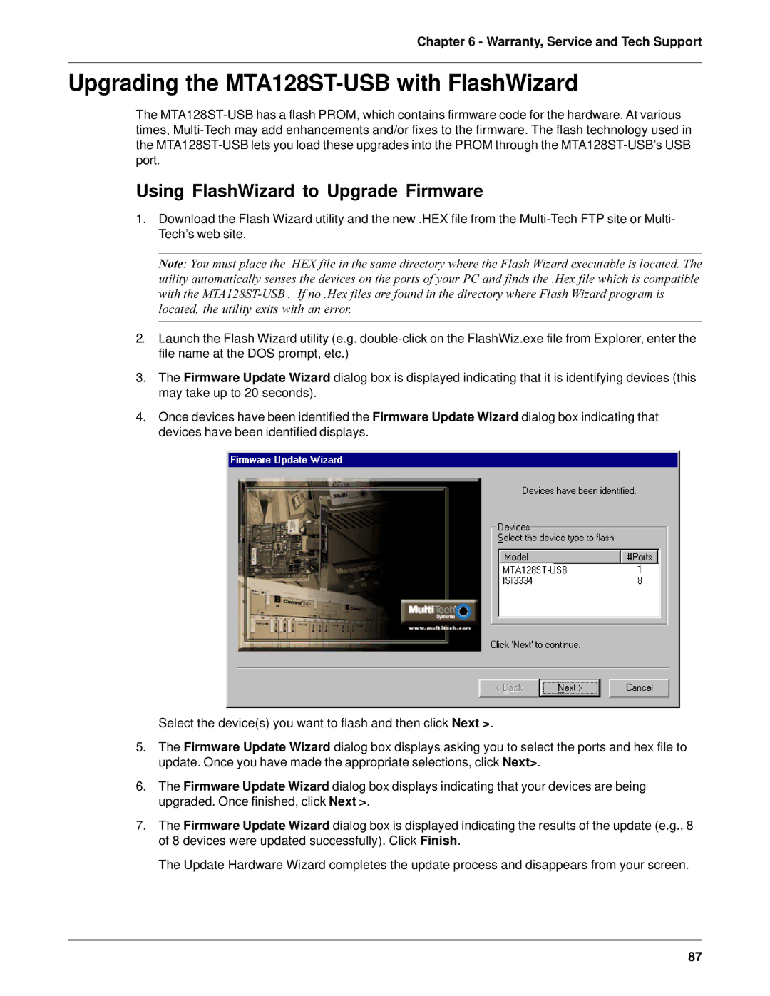 AC International manual Upgrading the MTA128ST-USB with FlashWizard, Using FlashWizard to Upgrade Firmware 