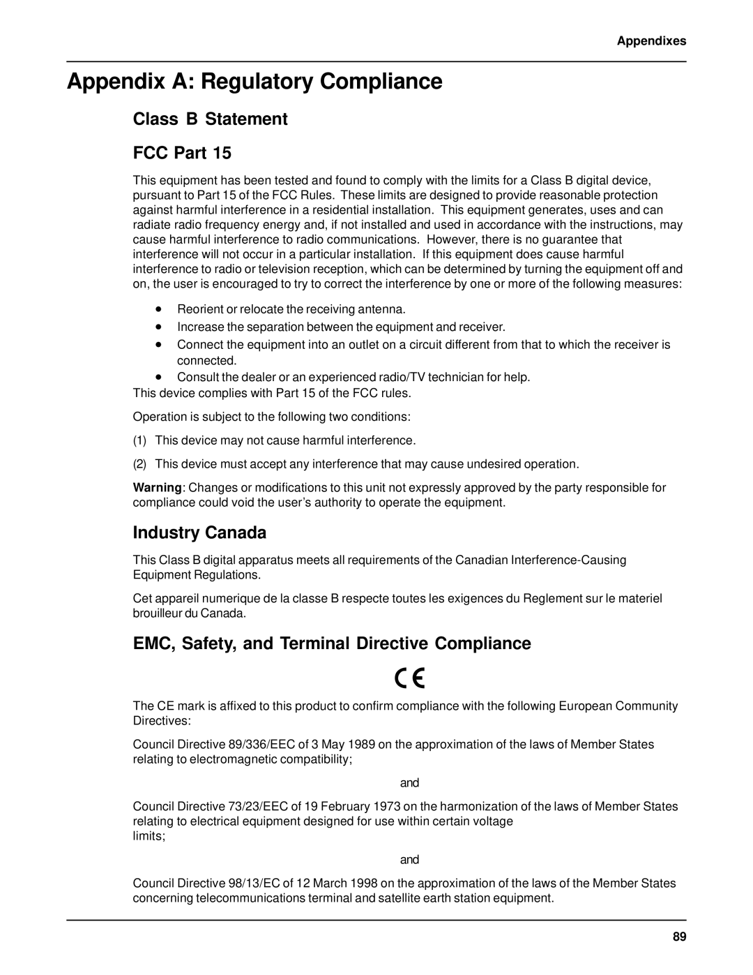 AC International MTA128ST-USB Appendix a Regulatory Compliance, Class B Statement FCC Part, Industry Canada, Appendixes 