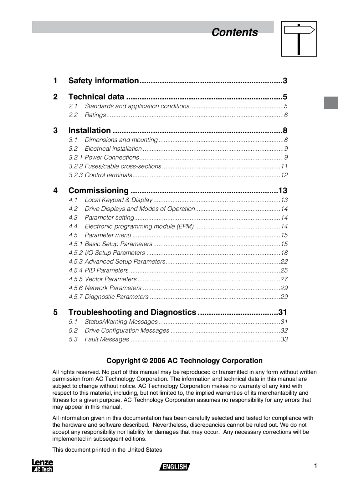 AC International V0100, SV01B operating instructions Contents 