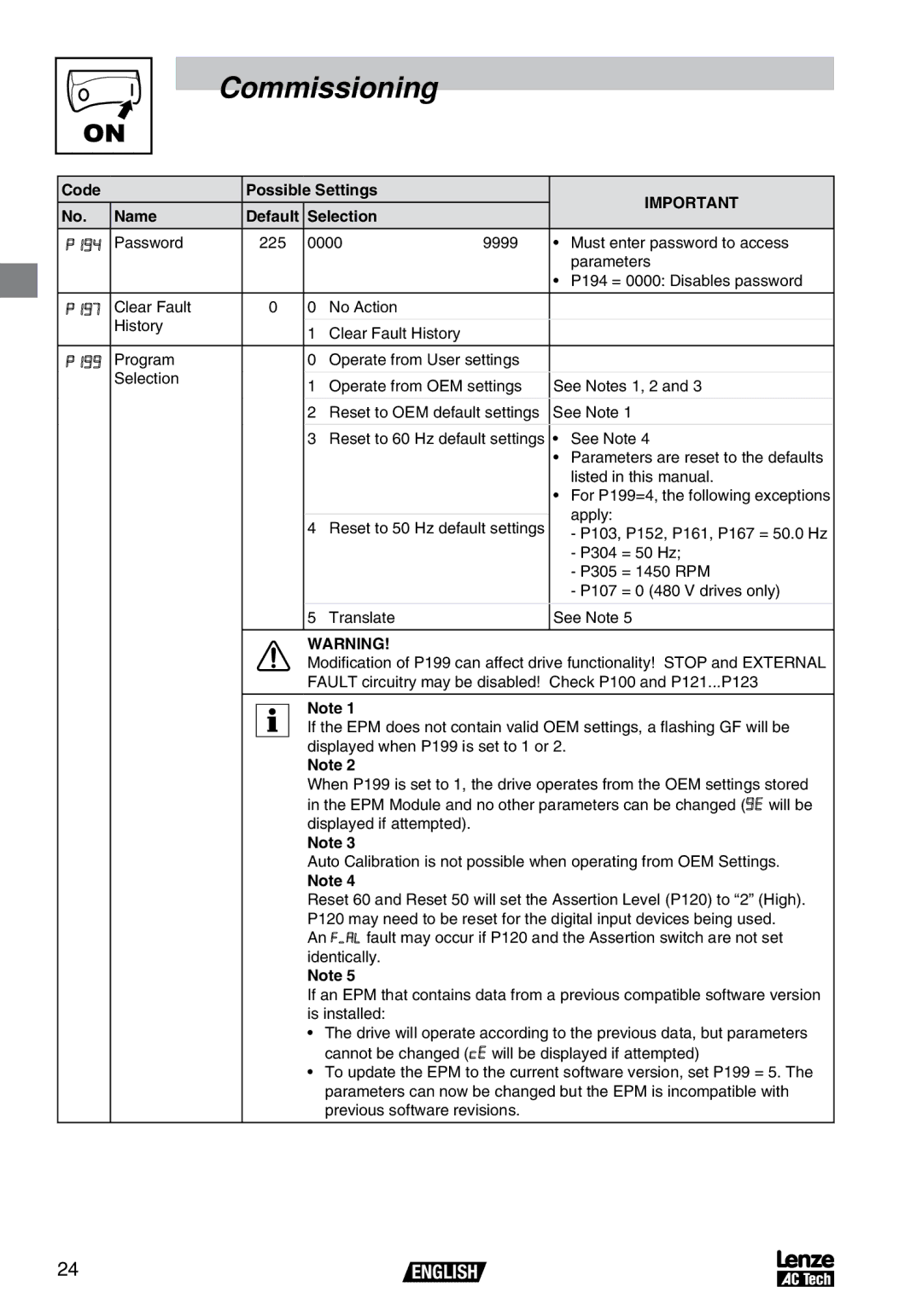 AC International SV01B, V0100 Reset to 60 Hz default settings See Note, Listed in this manual, Apply, P304 = 50 Hz 