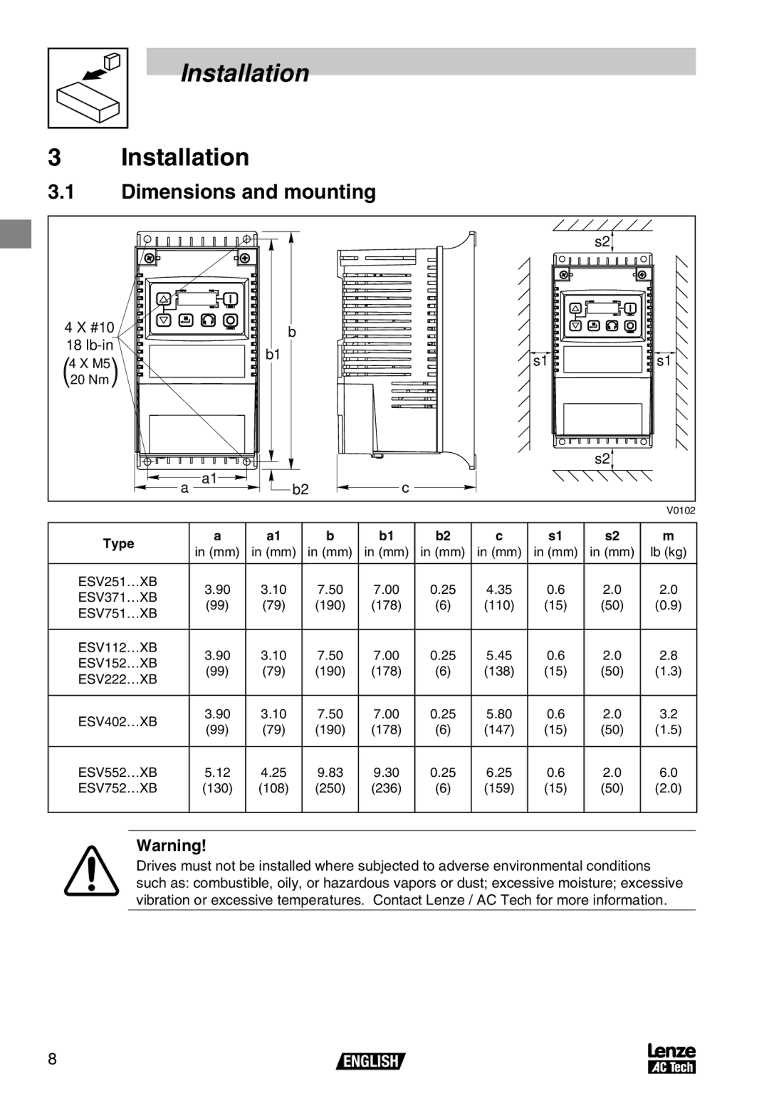 AC International SV01B, V0100 operating instructions Installation, Dimensions and mounting, Type 