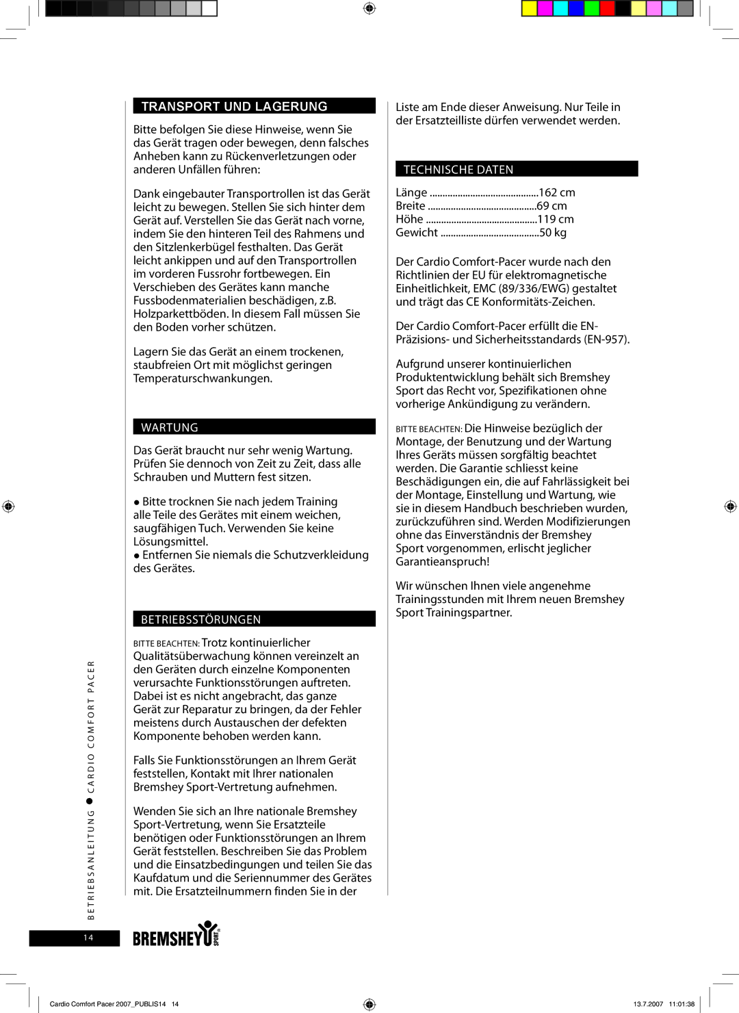 Accell Cardio Comfort Pacer owner manual Wartung, Betriebsstörungen, Technische Daten 