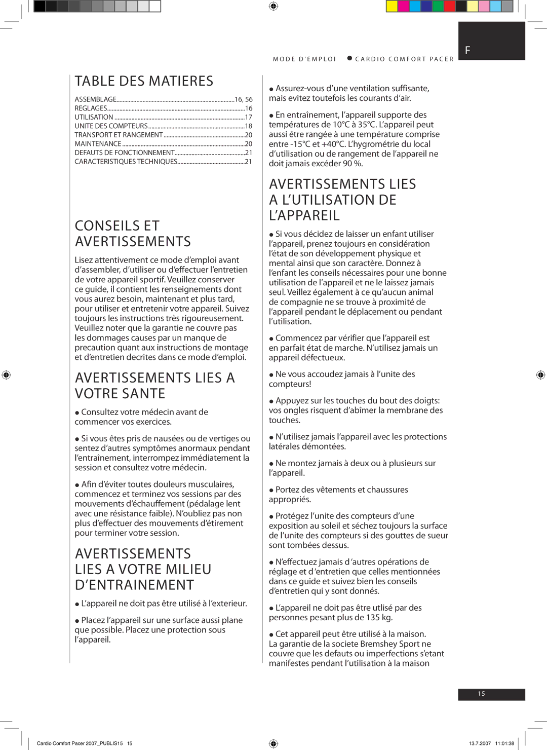 Accell Cardio Comfort Pacer owner manual Table des Matieres, Conseils ET Avertissements, Avertissements Lies a Votre Sante 