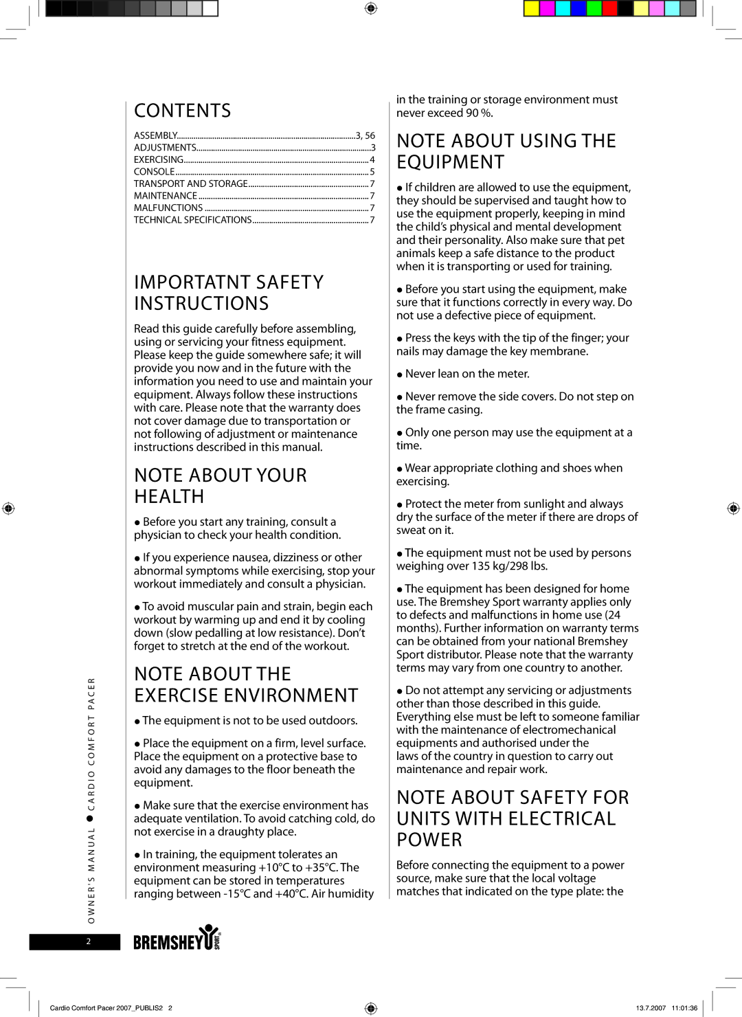 Accell Cardio Comfort Pacer owner manual Contents, Health 