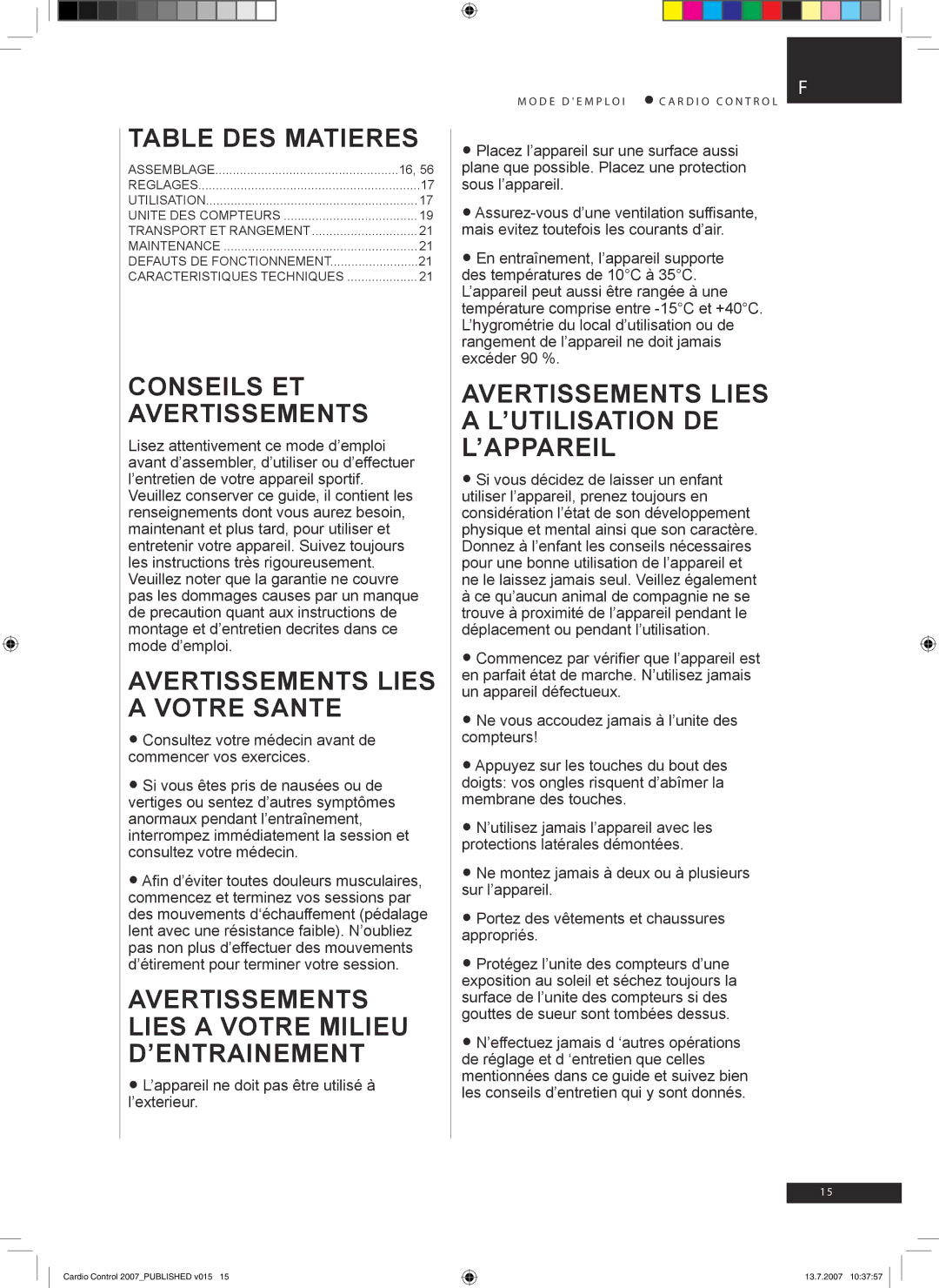 Accell Cardio Control owner manual Table des Matieres, Conseils ET Avertissements, Avertissements Lies a Votre Sante 