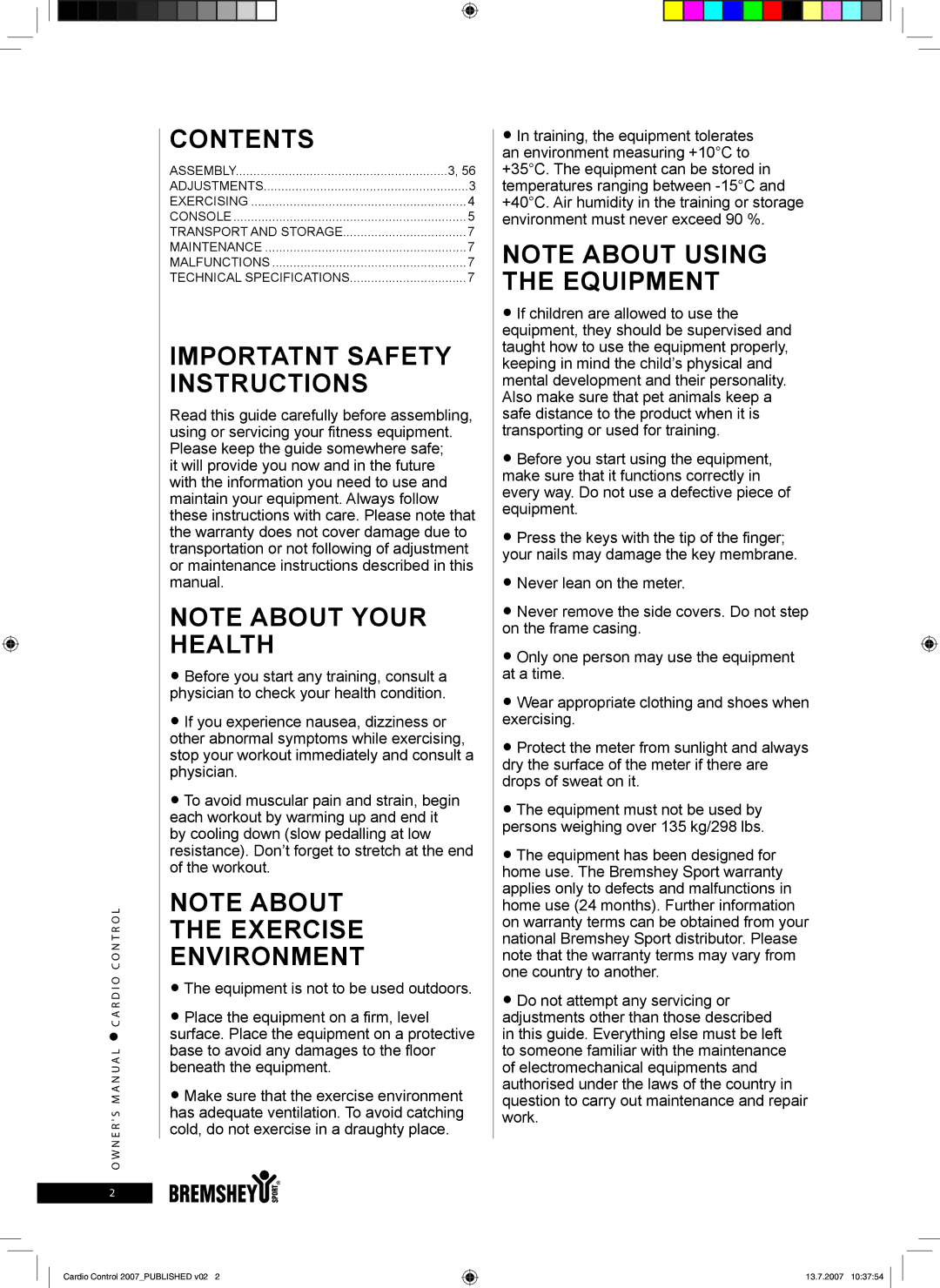 Accell Cardio Control owner manual Contents, IMPORTAtNT Safety Instructions, Exercise Environment 