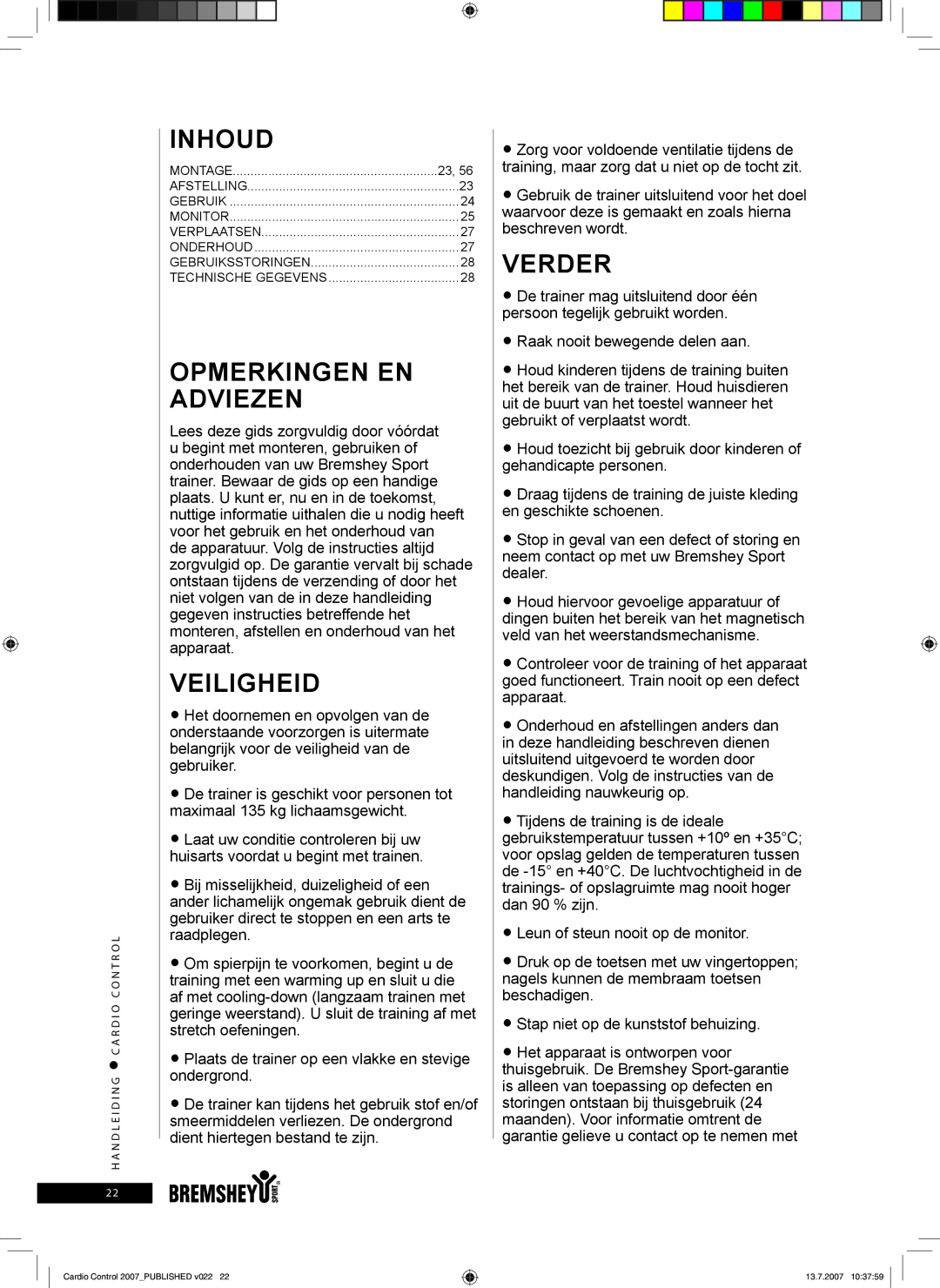 Accell Cardio Control owner manual Inhoud, Opmerkingen EN Adviezen, Veiligheid, Verder 