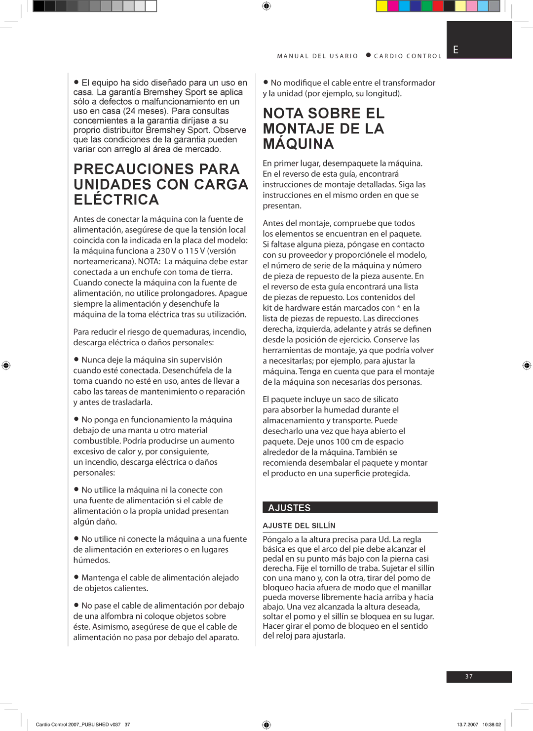 Accell Cardio Control Precauciones para unidades con carga eléctrica, Nota sobre el montaje de la máquina, Ajustes 