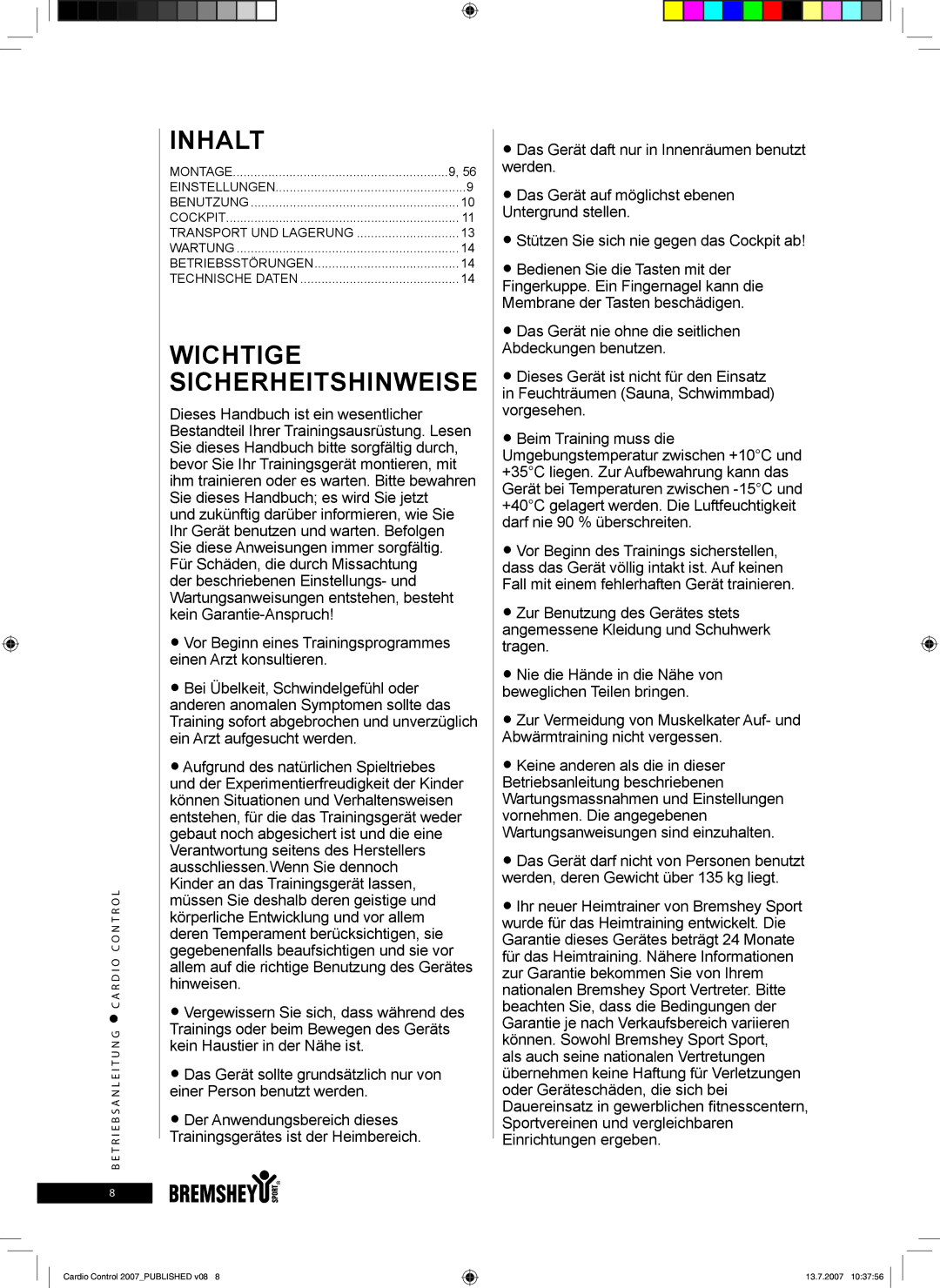 Accell Cardio Control owner manual Inhalt, Wichtige Sicherheitshinweise 