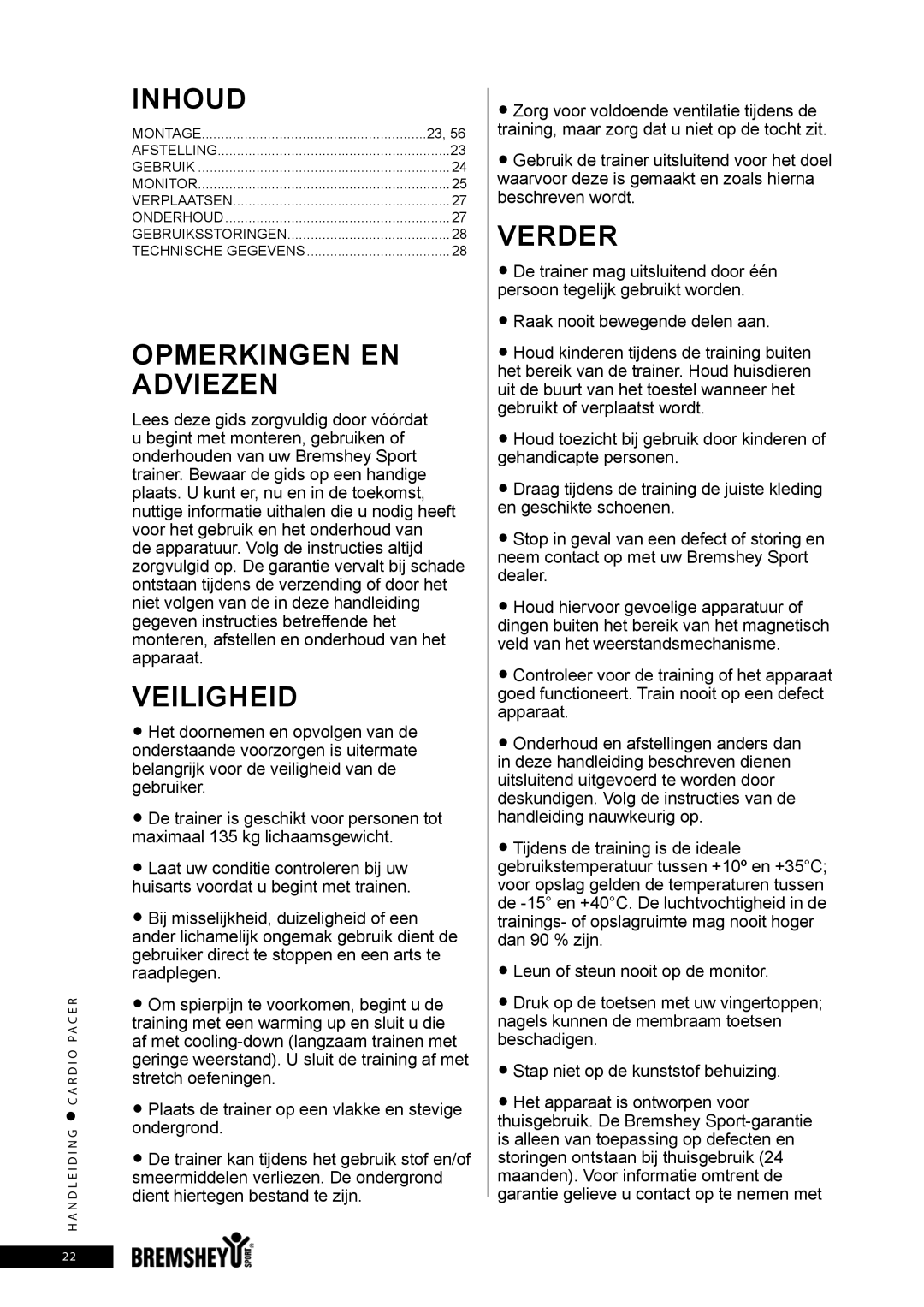 Accell CARDIO PACER owner manual Inhoud, Opmerkingen EN Adviezen, Veiligheid, Verder 