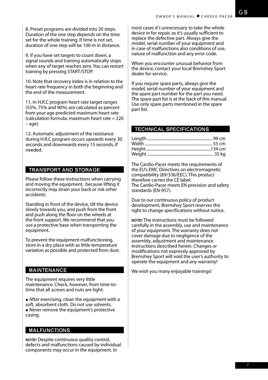 Accell CARDIO PACER owner manual Transport and Storage, Maintenance, Malfunctions, Technical Specifications 