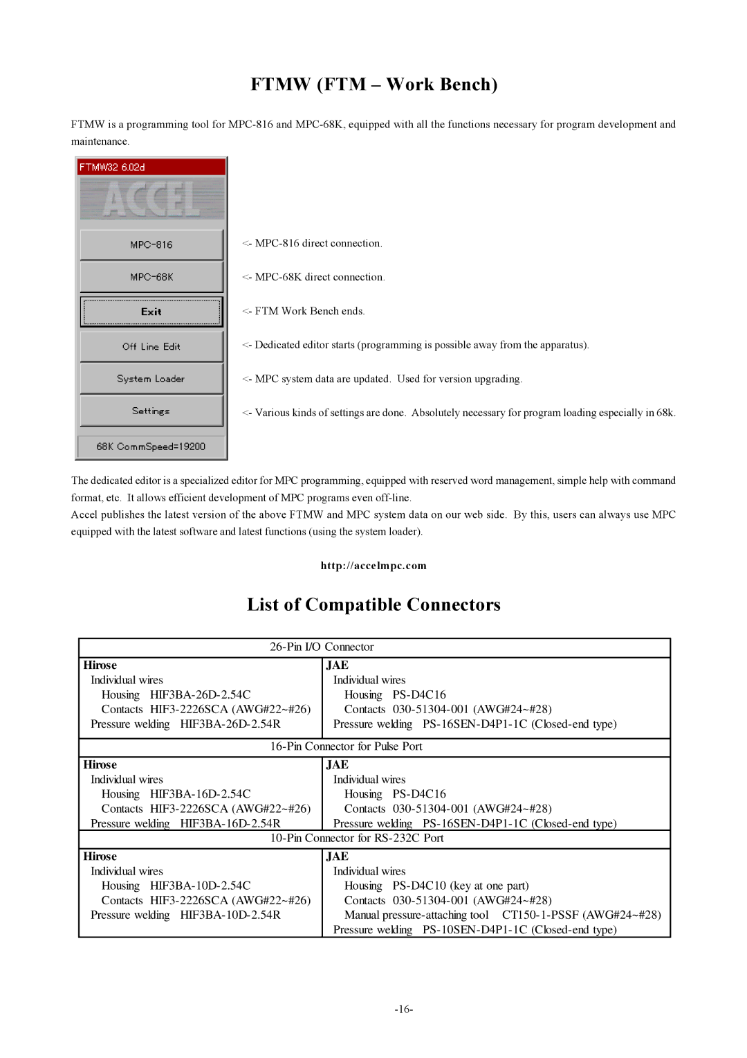 Accell MPC-816 Series, MPC-LNK, MPC series manual Ftmw FTM Work Bench, List of Compatible Connectors, Http//accelmpc.com 