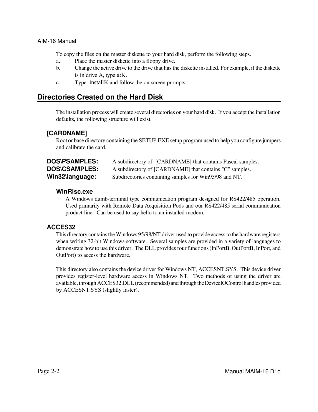 Access AIM-16 user manual Directories Created on the Hard Disk, WinRisc.exe 