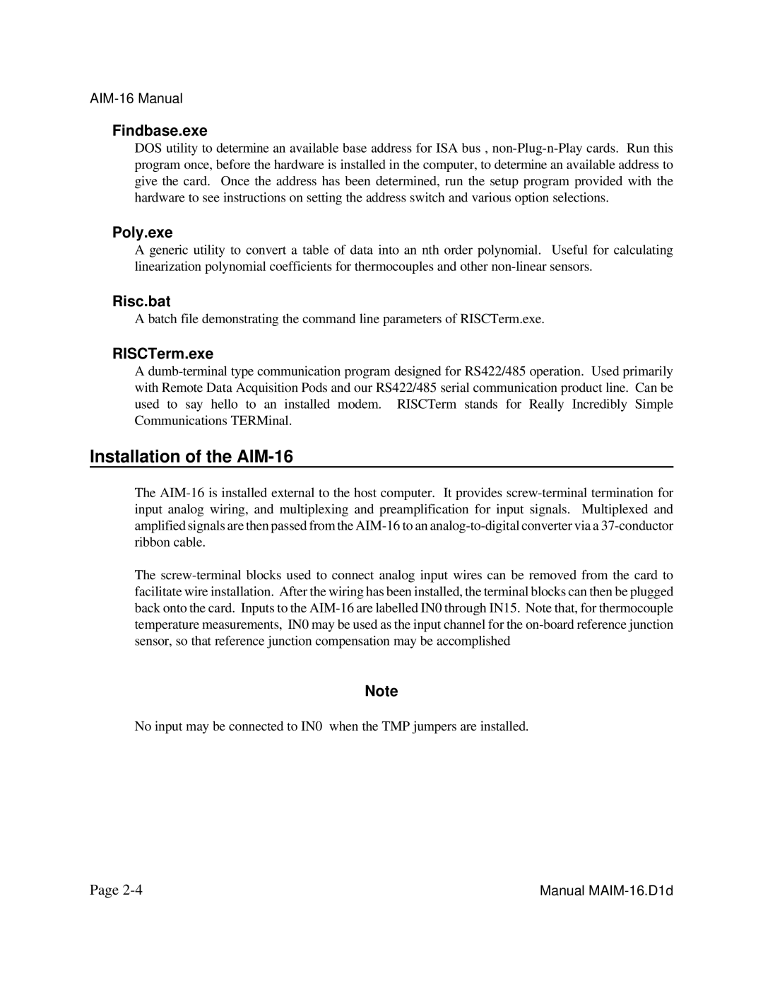 Access user manual Installation of the AIM-16, Findbase.exe, Poly.exe, Risc.bat, RISCTerm.exe 