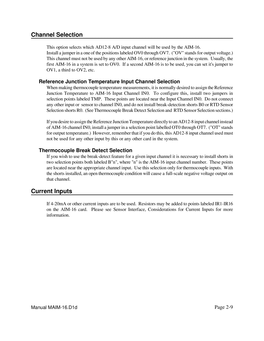 Access AIM-16 user manual Current Inputs, Reference Junction Temperature Input Channel Selection 