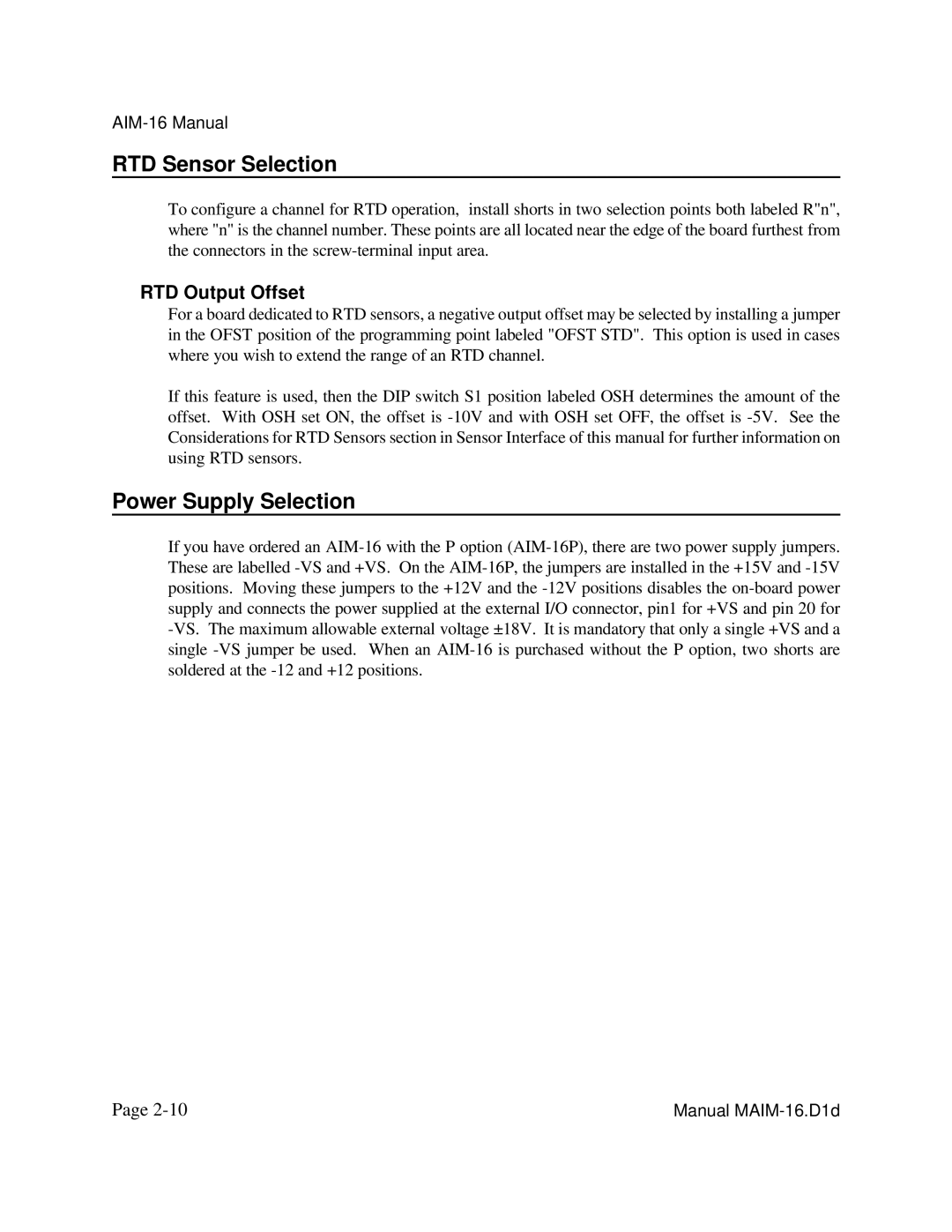 Access AIM-16 user manual RTD Sensor Selection, Power Supply Selection, RTD Output Offset 